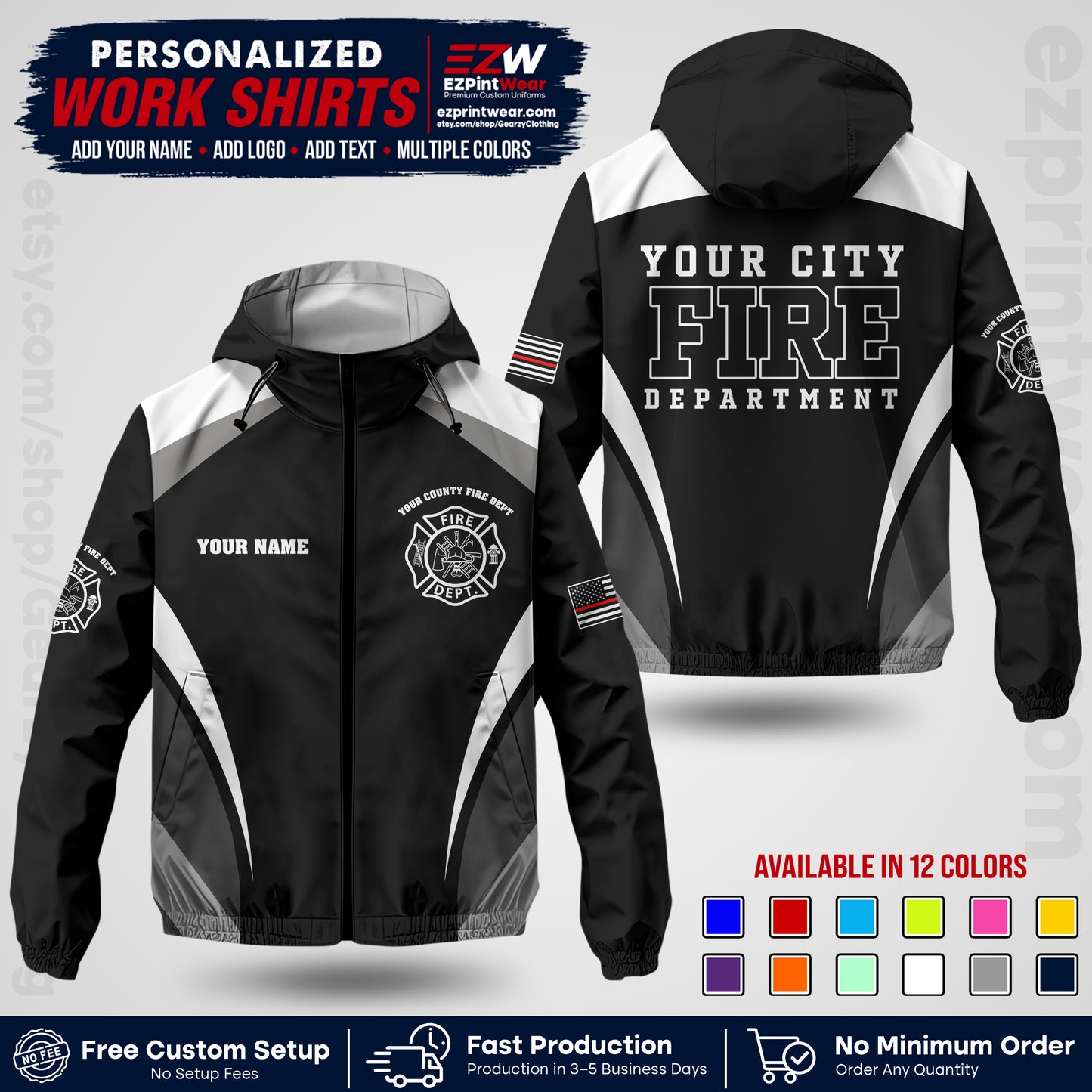 Custom Firefighter Windbreaker Jacket with Name, City Logo & Text | Fire Department Uniform | Employee Workwear FFJK02