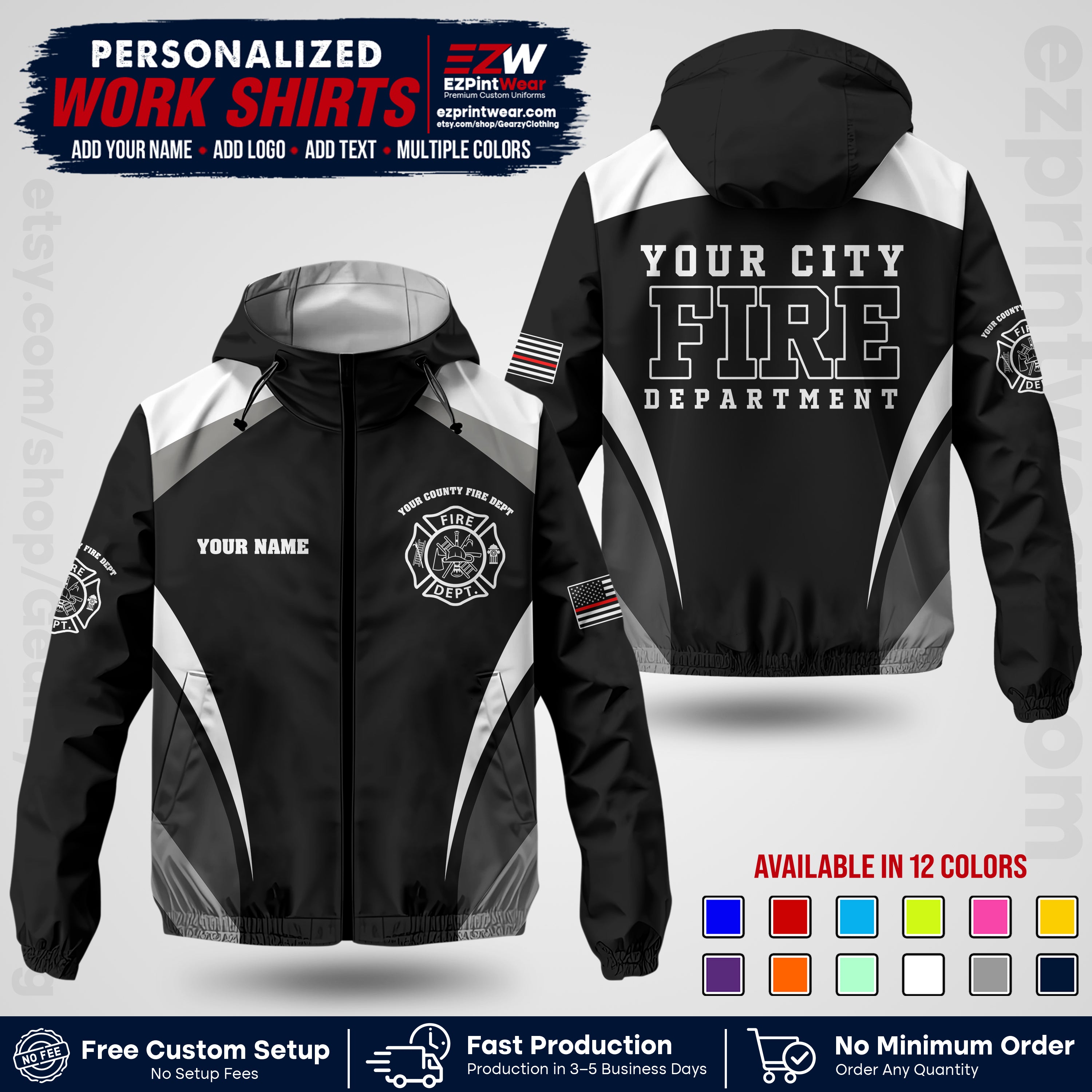 Custom Firefighter Windbreaker Jacket with Name, City Logo & Text | Fire Department Uniform | Employee Workwear FFJK02