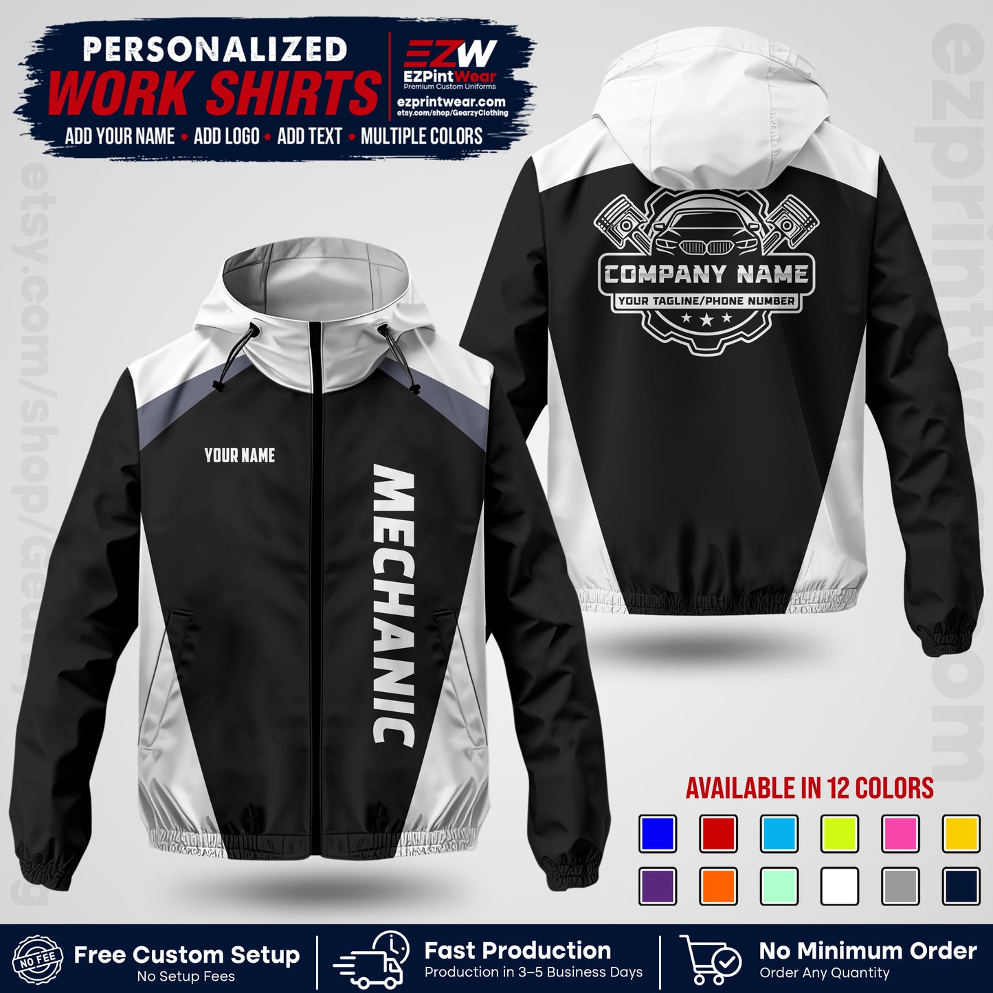 Custom Mechanic Work Shirt with Name, Logo & Text | Auto Shop Uniform | Company Workwear | Employee Uniform MCNJK02