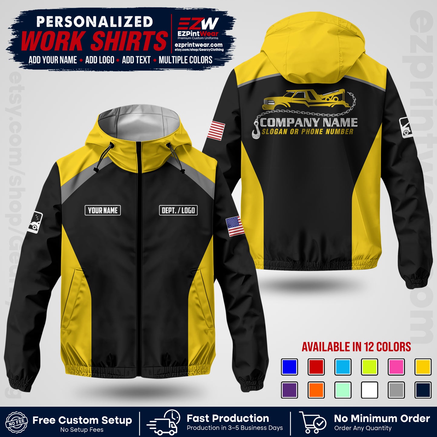 Custom Towing Windbreaker Jacket with Name, Logo & Text | Towing Company Uniform | Workwear TWJK 01