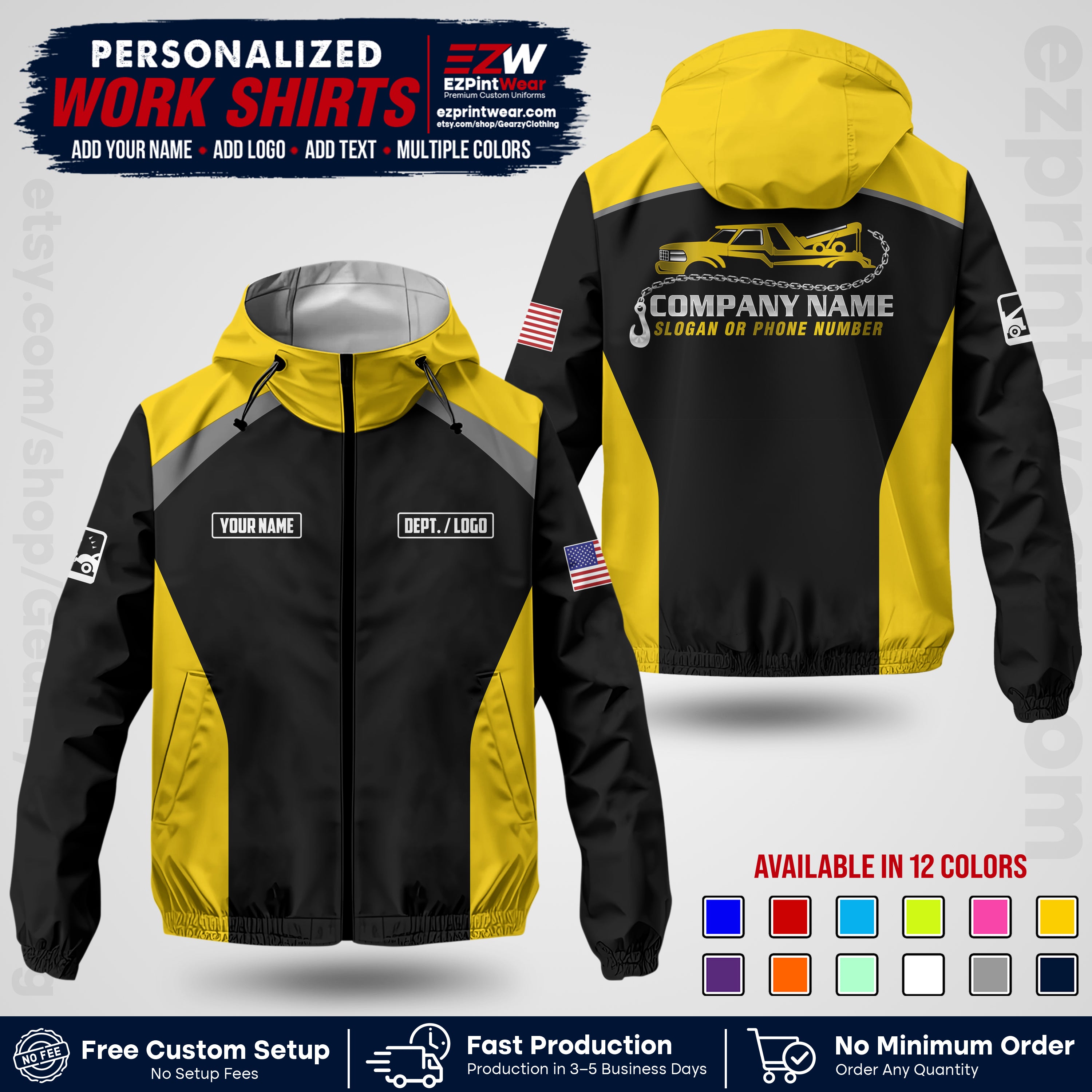 Custom Towing Windbreaker Jacket with Name, Logo & Text | Towing Company Uniform | Workwear TWJK 01