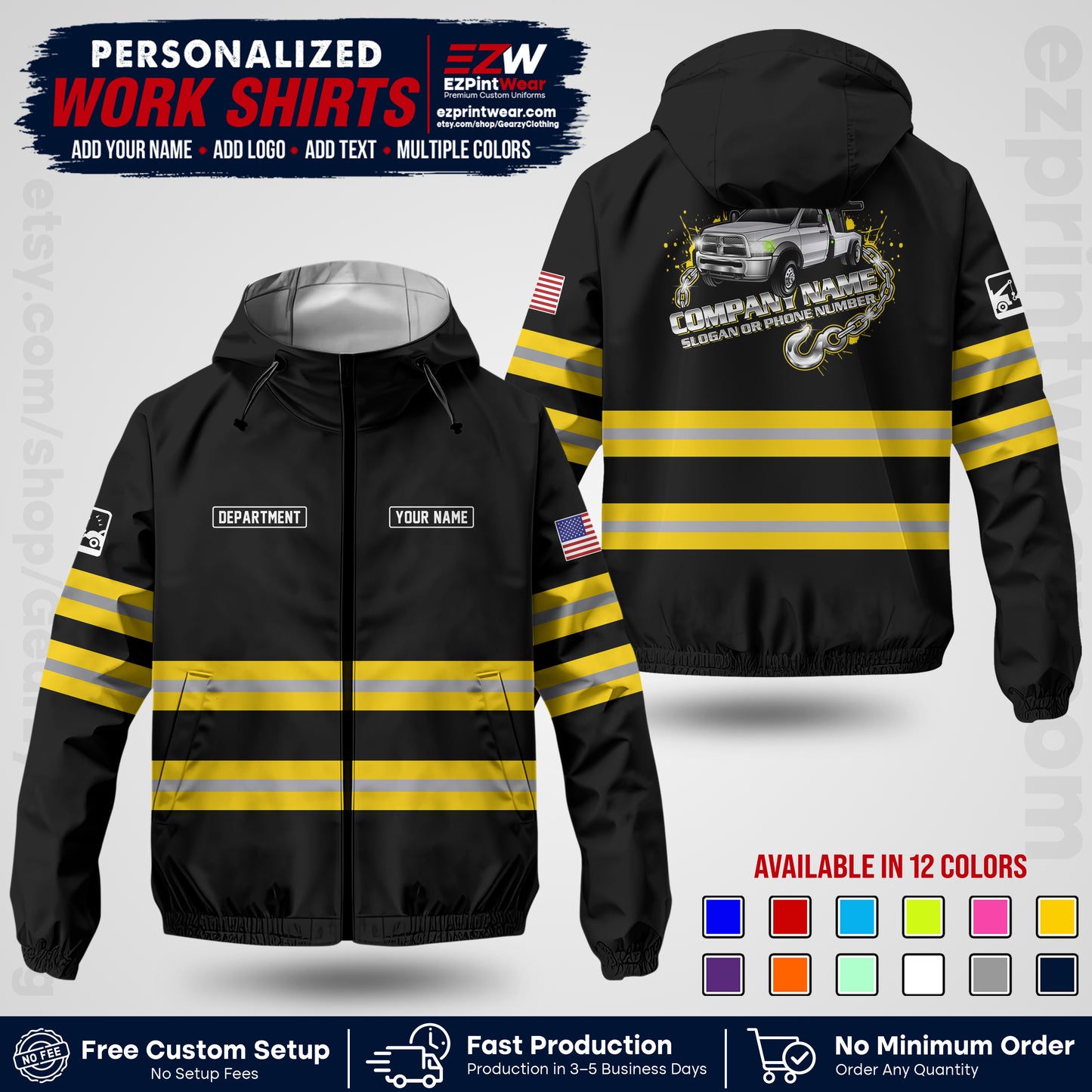 Custom Towing Windbreaker Jacket | Personalized Tow Truck Workwear | Non-Reflective Safety Stripe Jacket | Add Name Logo Text | Custom Windbreaker Jacket | Tow Truck Jacket TWJK 05