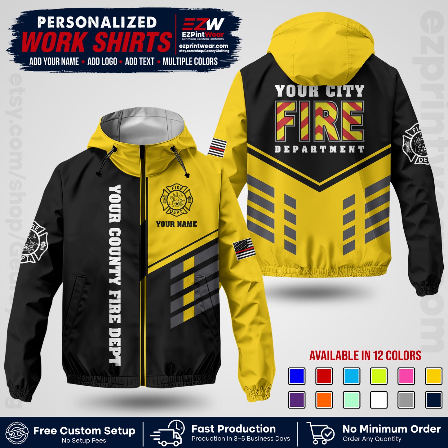 Custom Firefighter Windbreaker Jacket with Name, City Logo & Text | Fire Department Uniform | Employee Workwear FFJK06