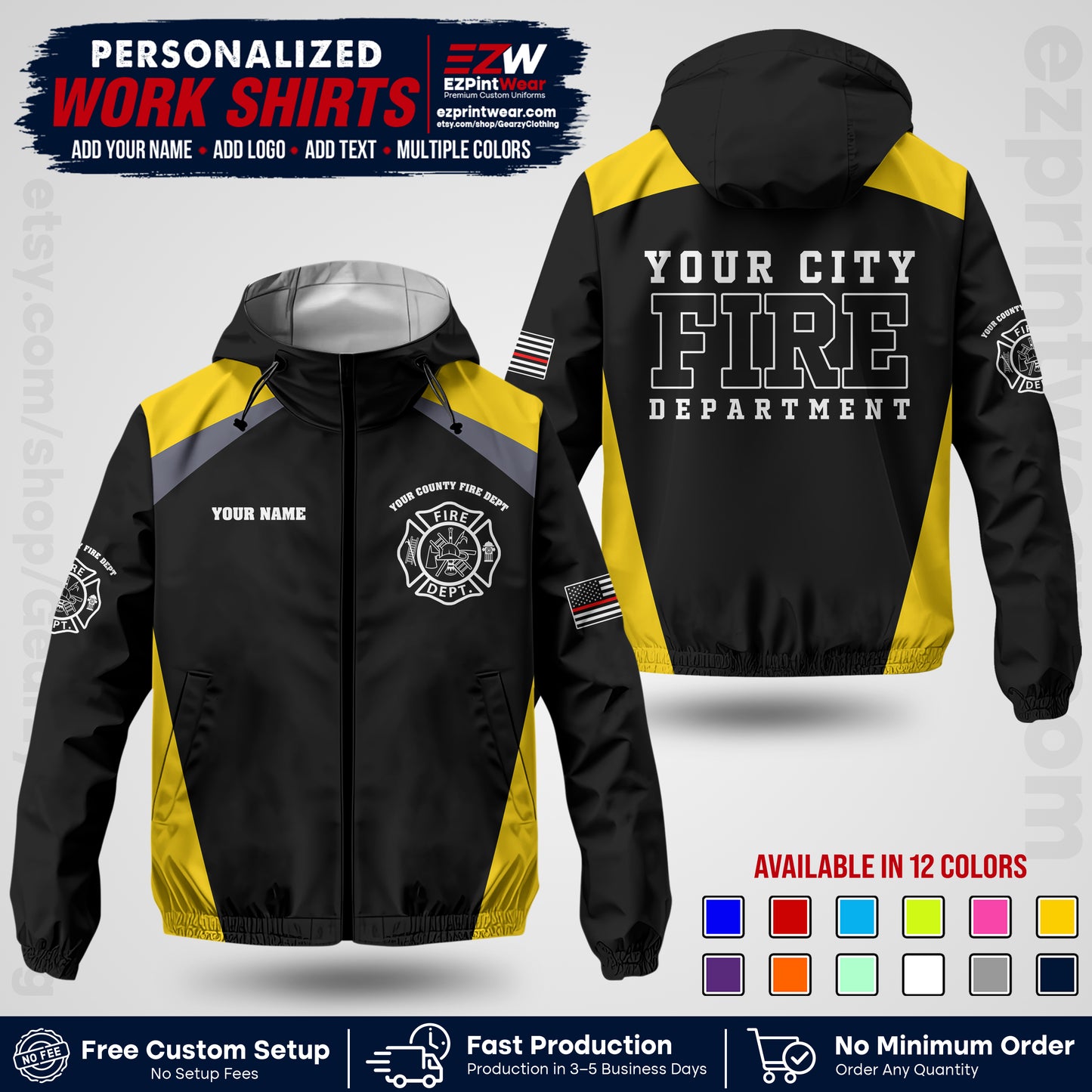 Custom Firefighter Windbreaker Jacket with Name, City Logo & Text | Fire Department Uniform | Employee Workwear FFJK04