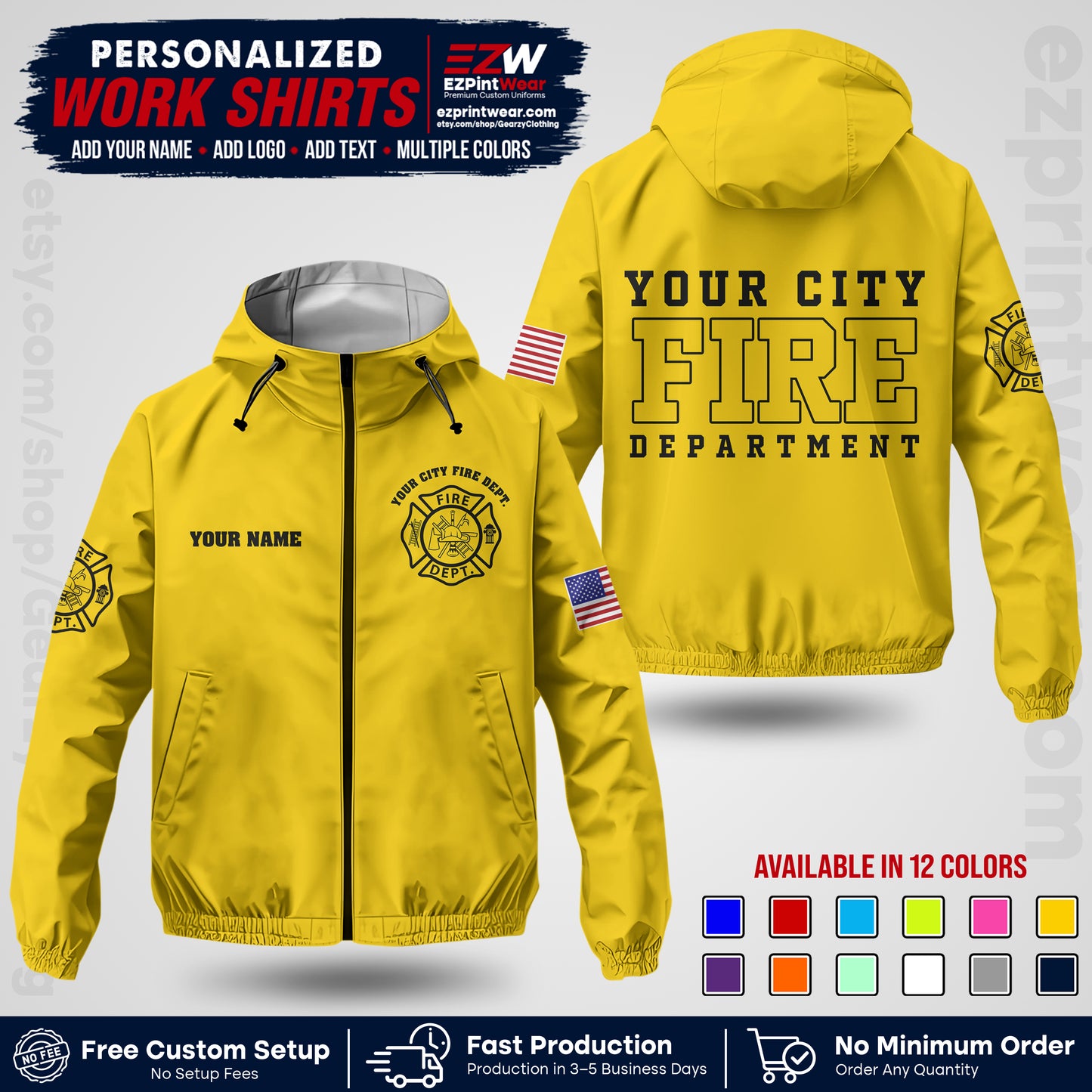 Custom Firefighter Windbreaker Jacket with Name, City Logo & Text | Fire Department Uniform | Employee Workwear FFJK01