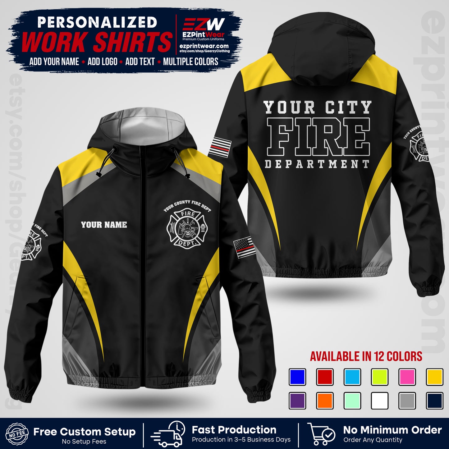 Custom Firefighter Windbreaker Jacket with Name, City Logo & Text | Fire Department Uniform | Employee Workwear FFJK02