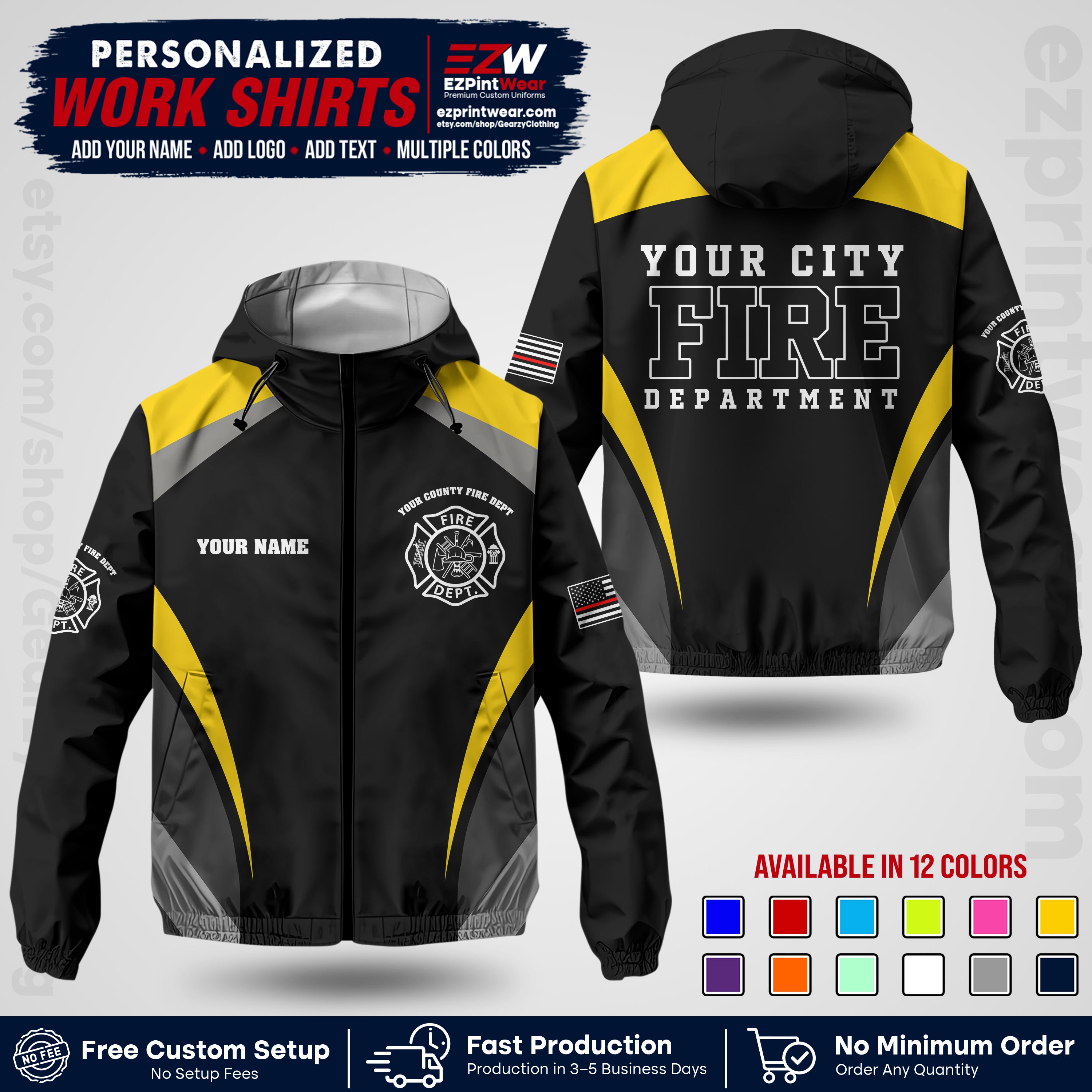 Custom Firefighter Windbreaker Jacket with Name, City Logo & Text | Fire Department Uniform | Employee Workwear FFJK02