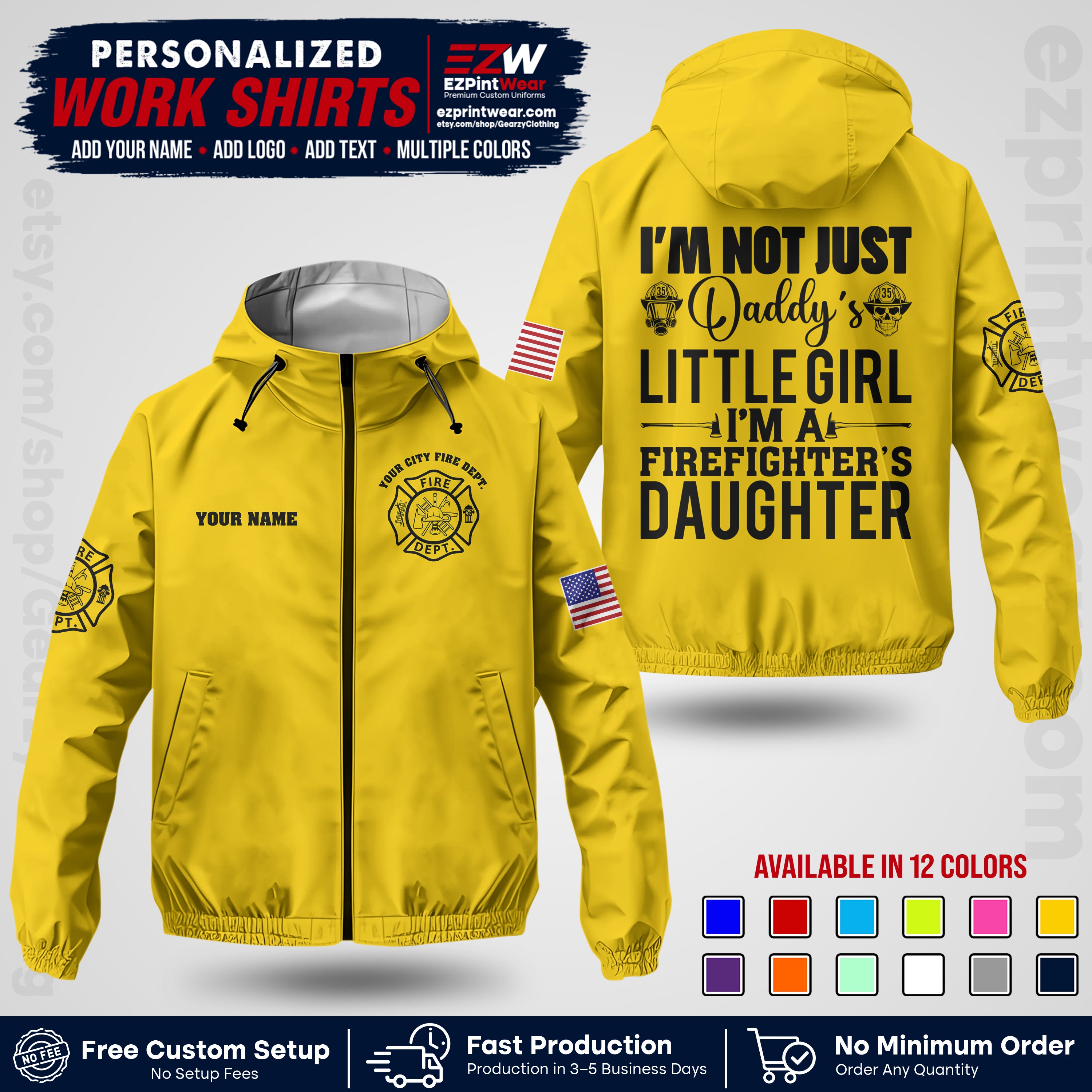 Custom Firefighter Windbreaker Jacket with Name, City Logo & Text | Fire Department Uniform | Employee Workwear FFJK08