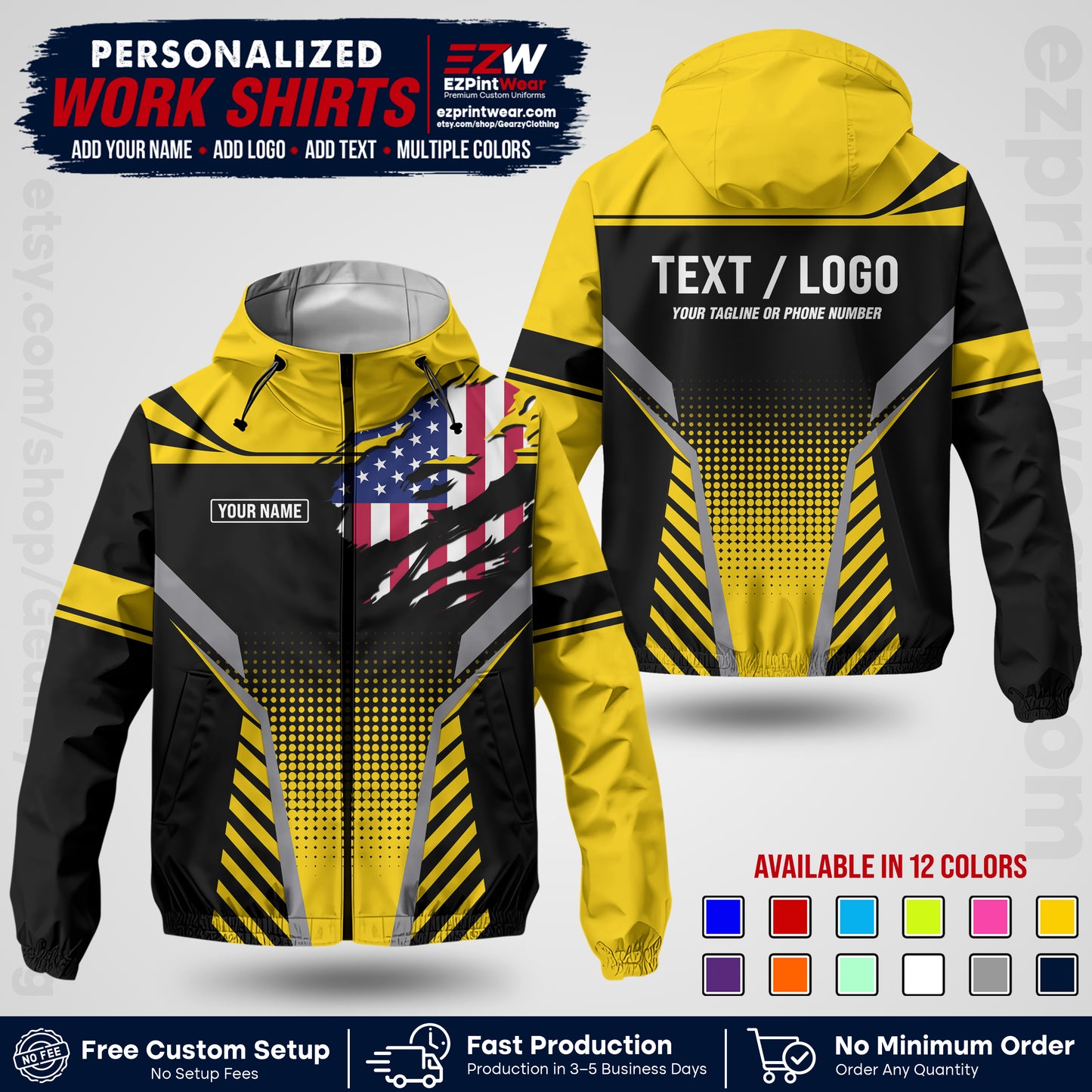 Custom Windbreaker Jacket with Name, Logo & Text, All Over Print Company Workwear, Employee Uniform WBJK07