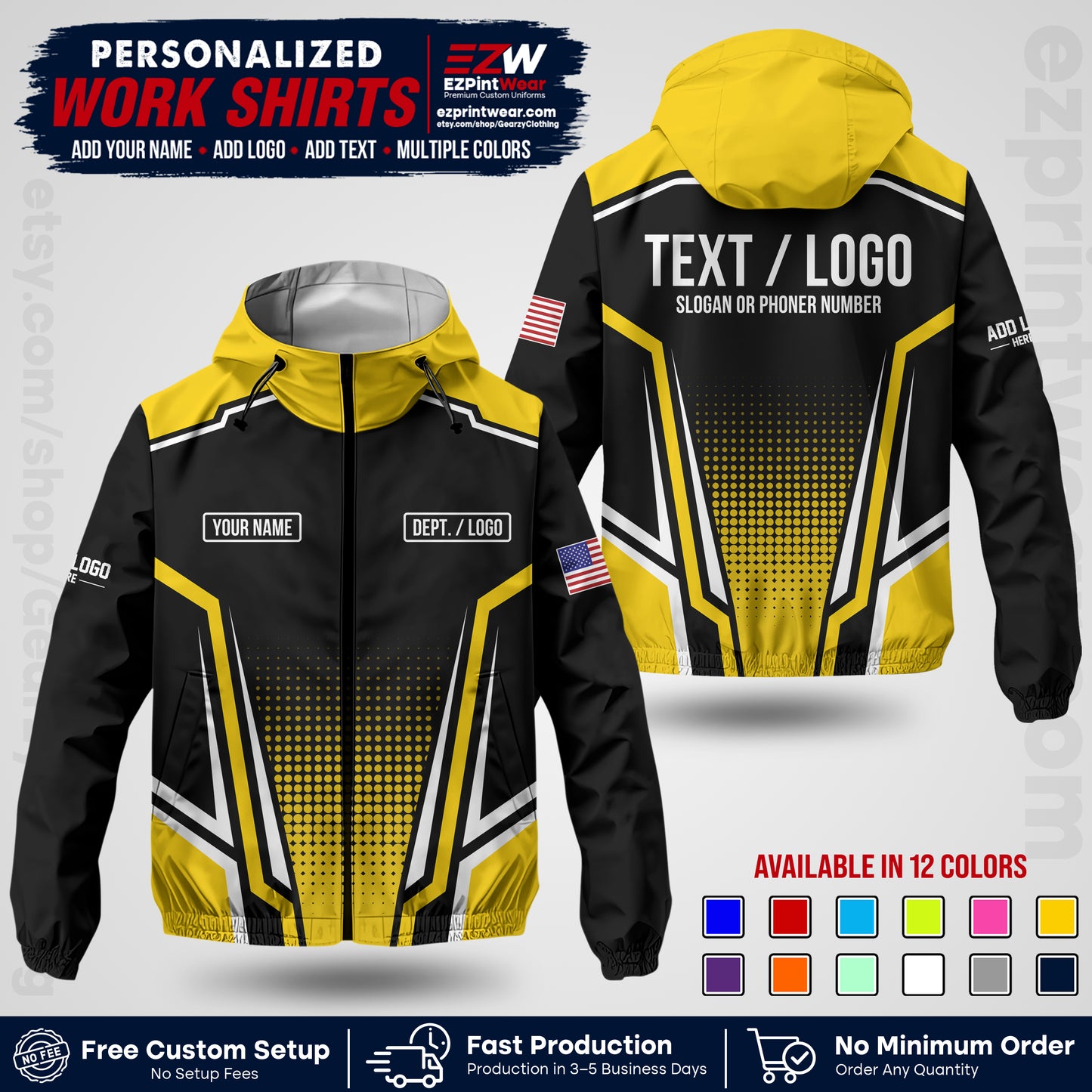 Custom Windbreaker Jacket with Name, Logo & Text, All Over Print Company Workwear, Employee Uniform WBJK17