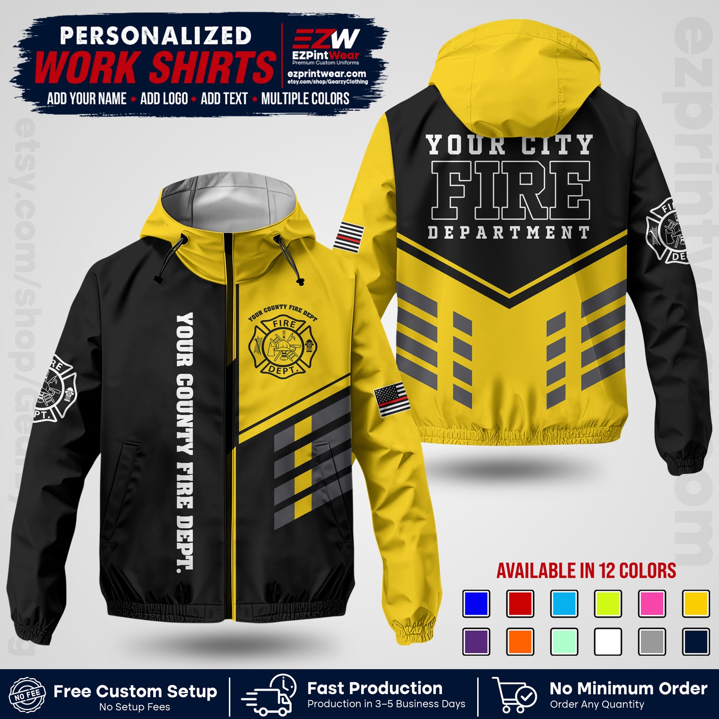 Custom Firefighter Windbreaker Jacket with Name, City Logo & Text | Fire Department Uniform | Employee Workwear FFJK03