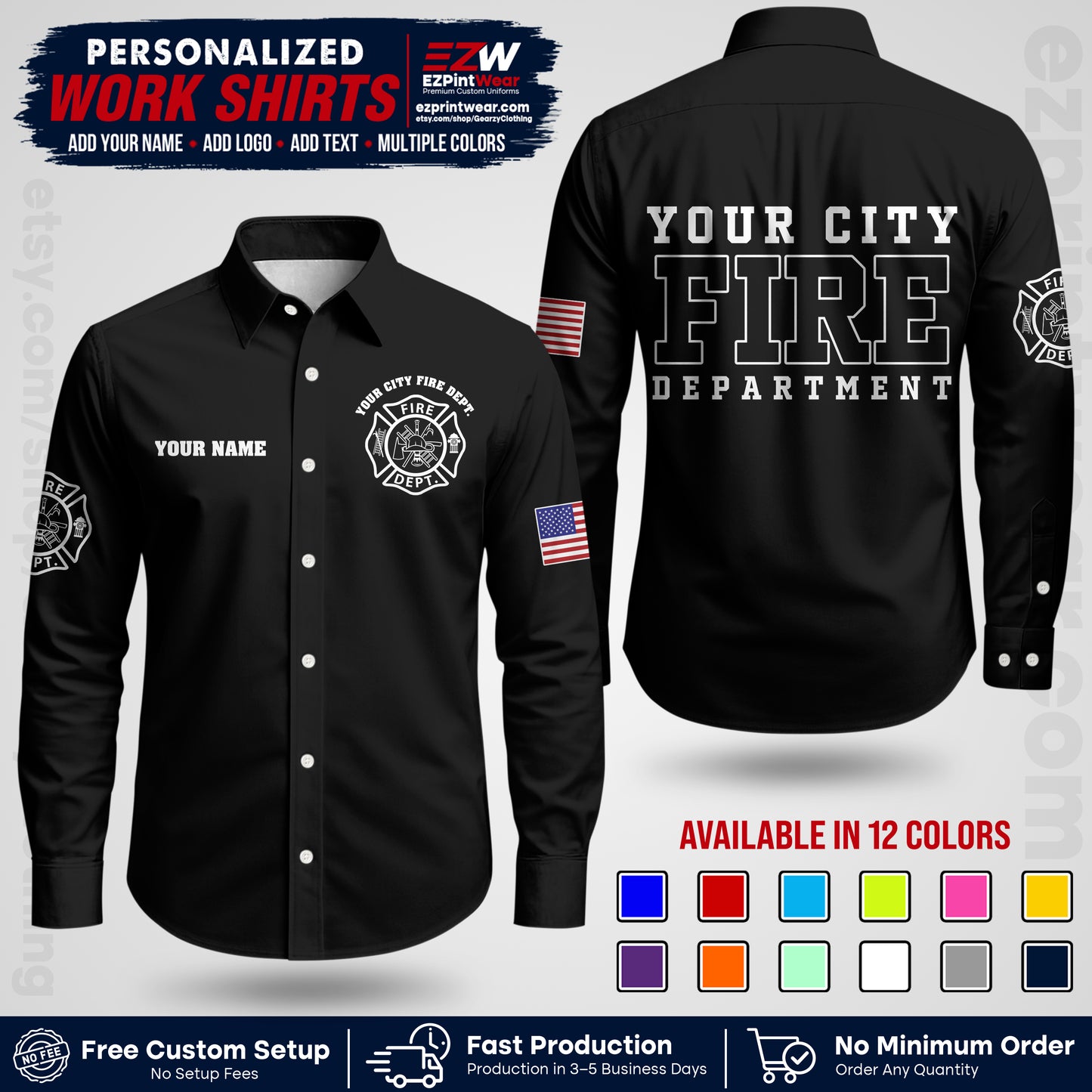 Custom Fire Department Shirt with Name, City Logo & Text | Firefighter Uniform | Button Up Work Shirt FF01