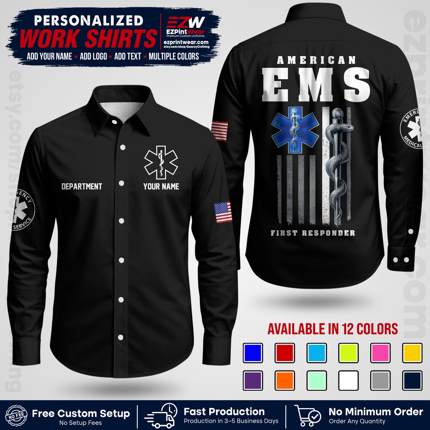 Custom EMS Shirt with Name, Logo & Text | EMS Team Uniform | First Responder Workwear EMSU03
