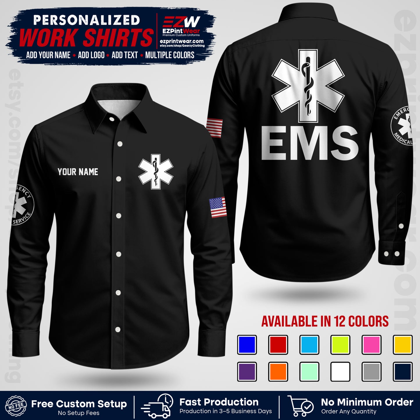 Custom EMS Shirt with Name, Logo & Text | EMS Team Uniform | First Responder Workwear EMSU02
