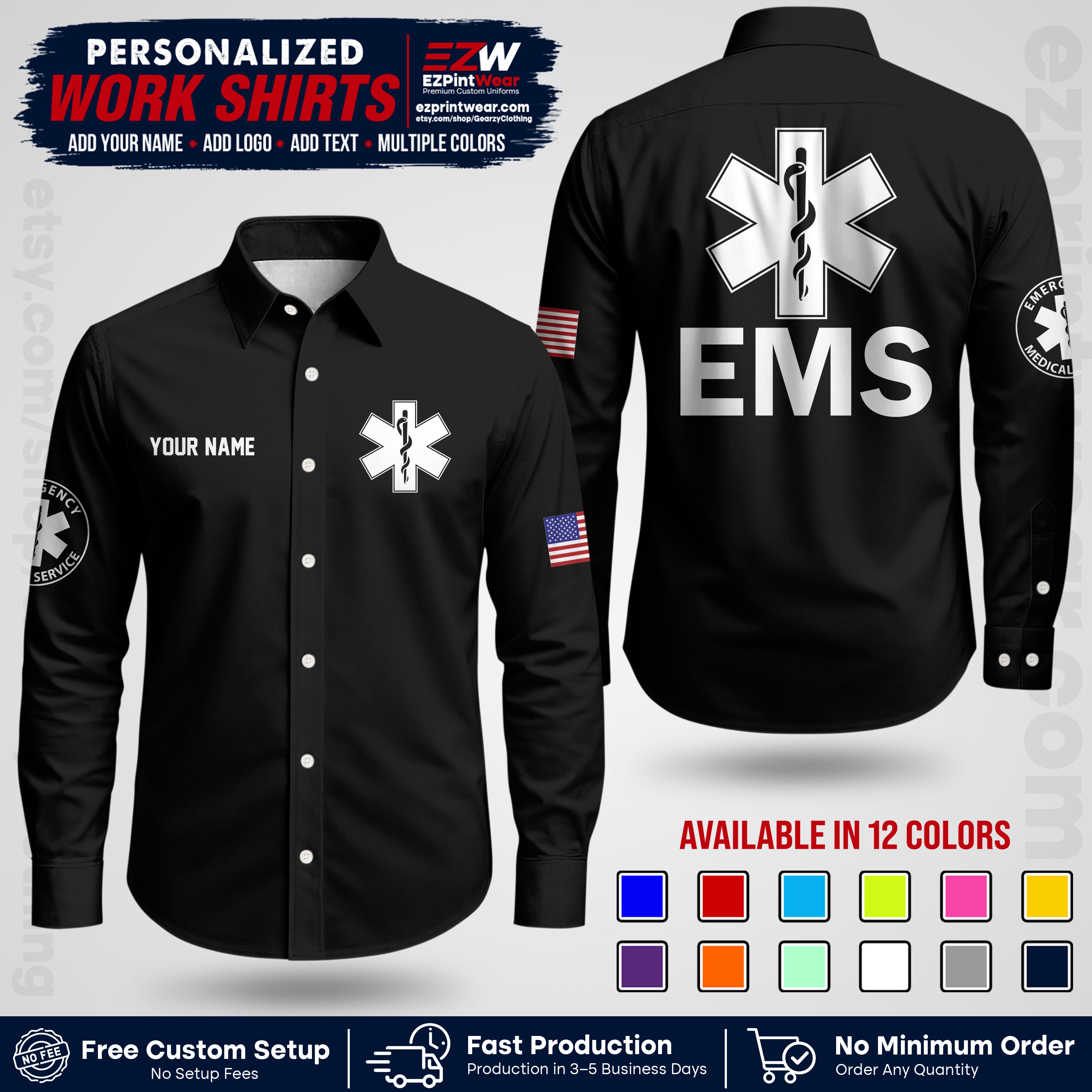 Custom EMS Shirt with Name, Logo & Text | EMS Team Uniform | First Responder Workwear EMSU02