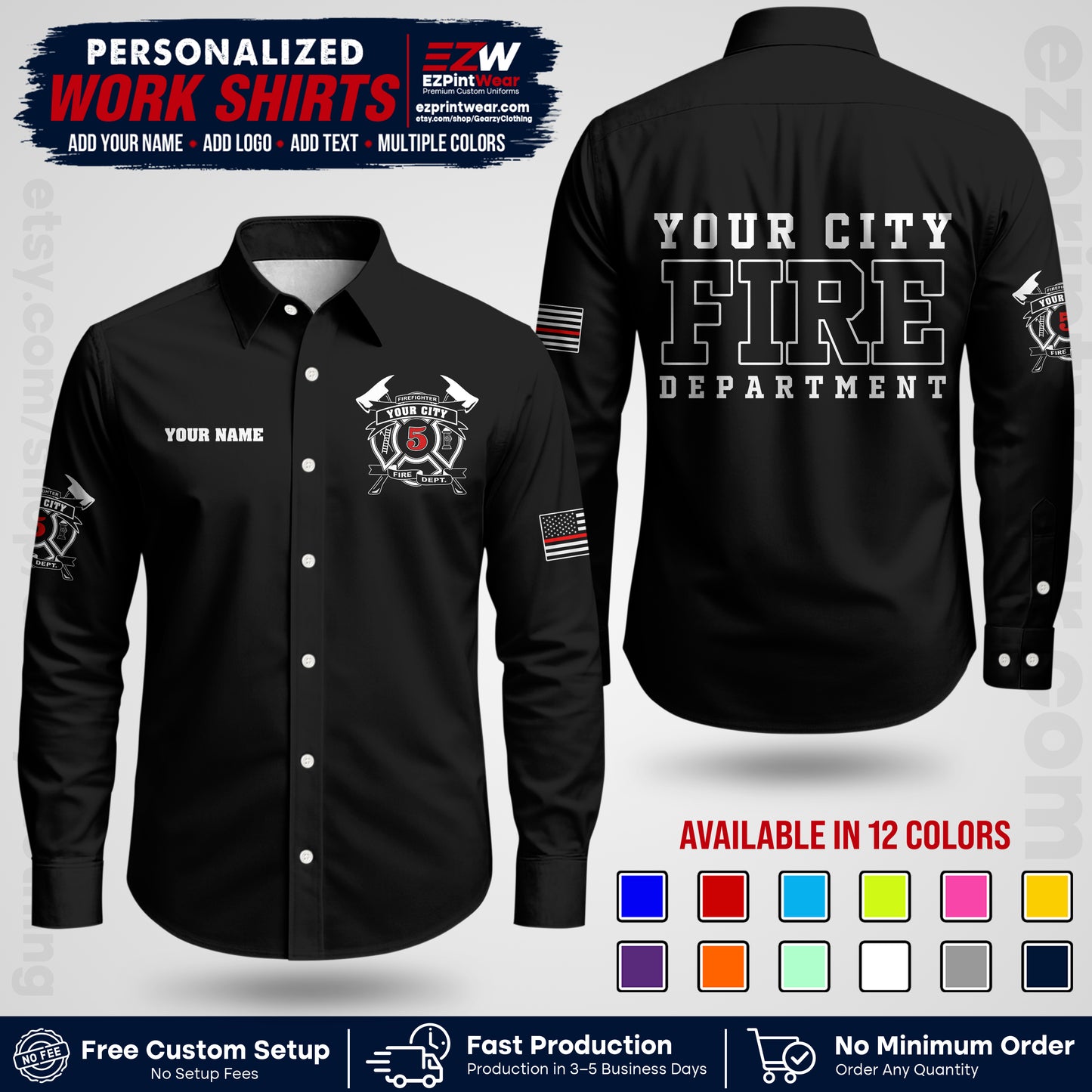Custom Fire Department Shirt with Name, City Logo & Text | Firefighter Uniform | Button Up Work Shirt FF07