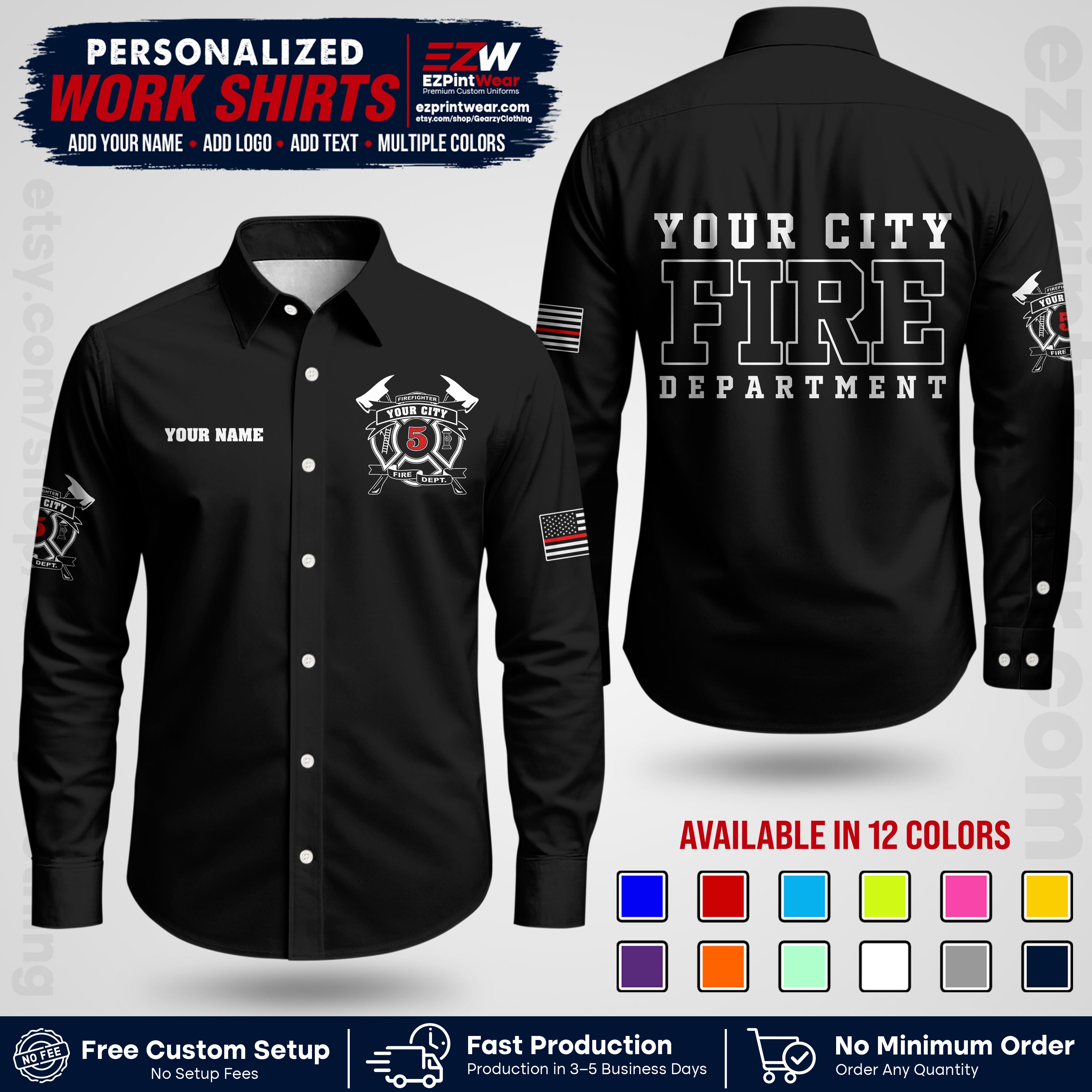 Custom Fire Department Shirt with Name, City Logo & Text | Firefighter Uniform | Button Up Work Shirt FF07