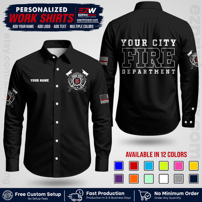 Custom Fire Department Shirt with Name, City Logo & Text | Firefighter Uniform | Button Up Work Shirt FF07