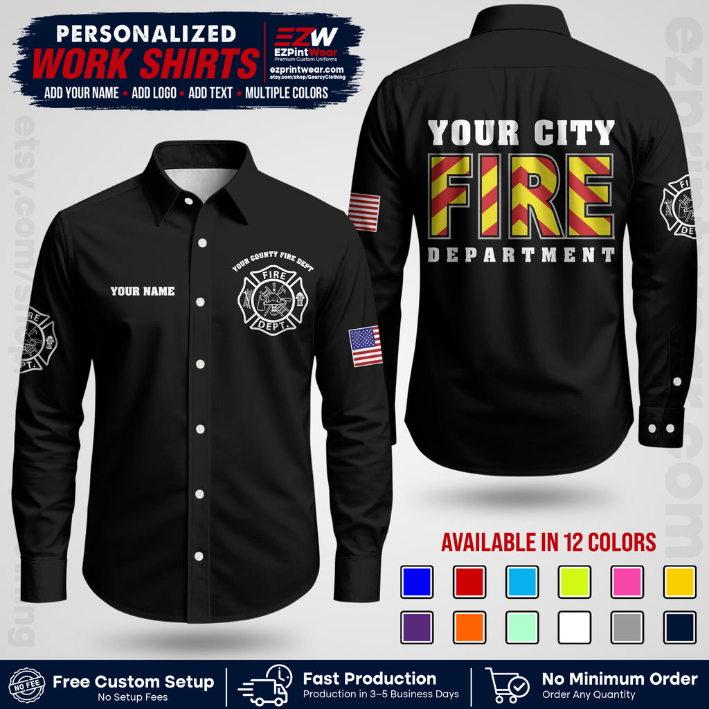 Custom Fire Department Shirt with Name, City Logo & Text | Firefighter Uniform | Button Up Work Shirt FF05