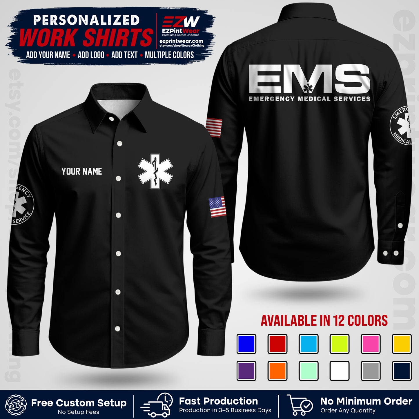 Custom EMS Shirt with Name, Logo & Text | EMS Team Uniform | First Responder Workwear EMSU01