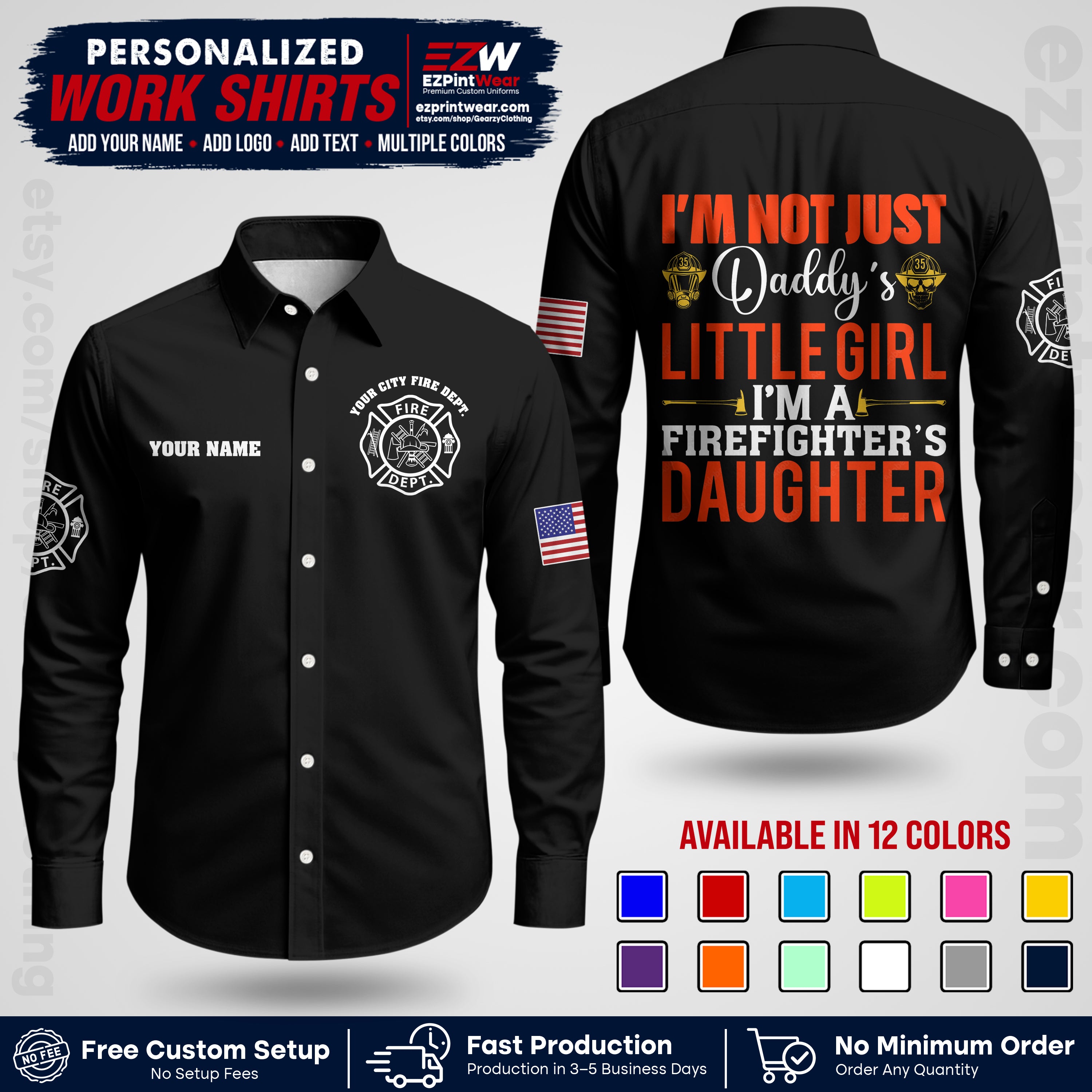 Custom Fire Department Shirt with Name, City Logo & Text | Firefighter Uniform | Button Up Work Shirt FF08