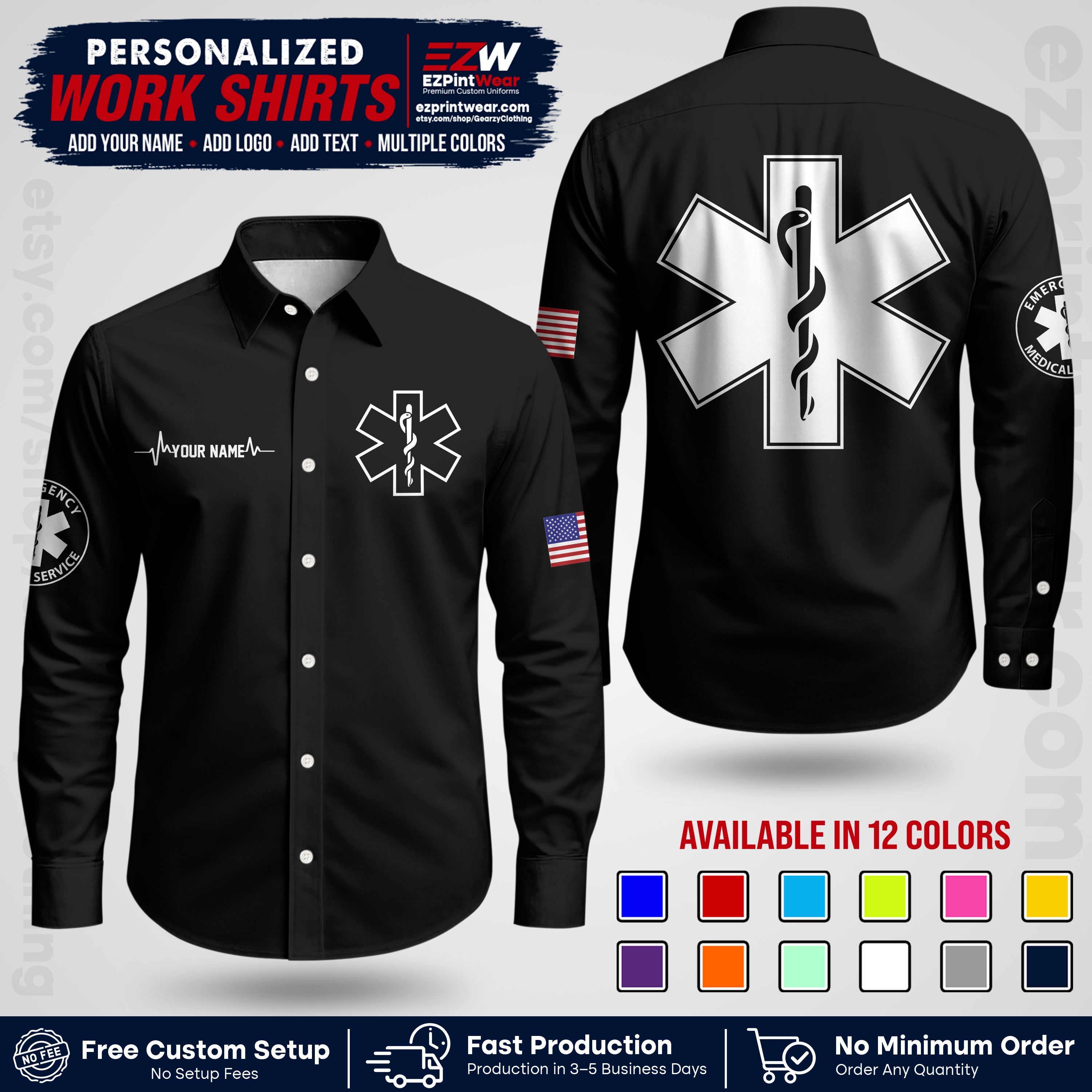Custom EMS Shirt with Name, Logo & Text | EMS Team Uniform | First Responder Workwear EMSU04