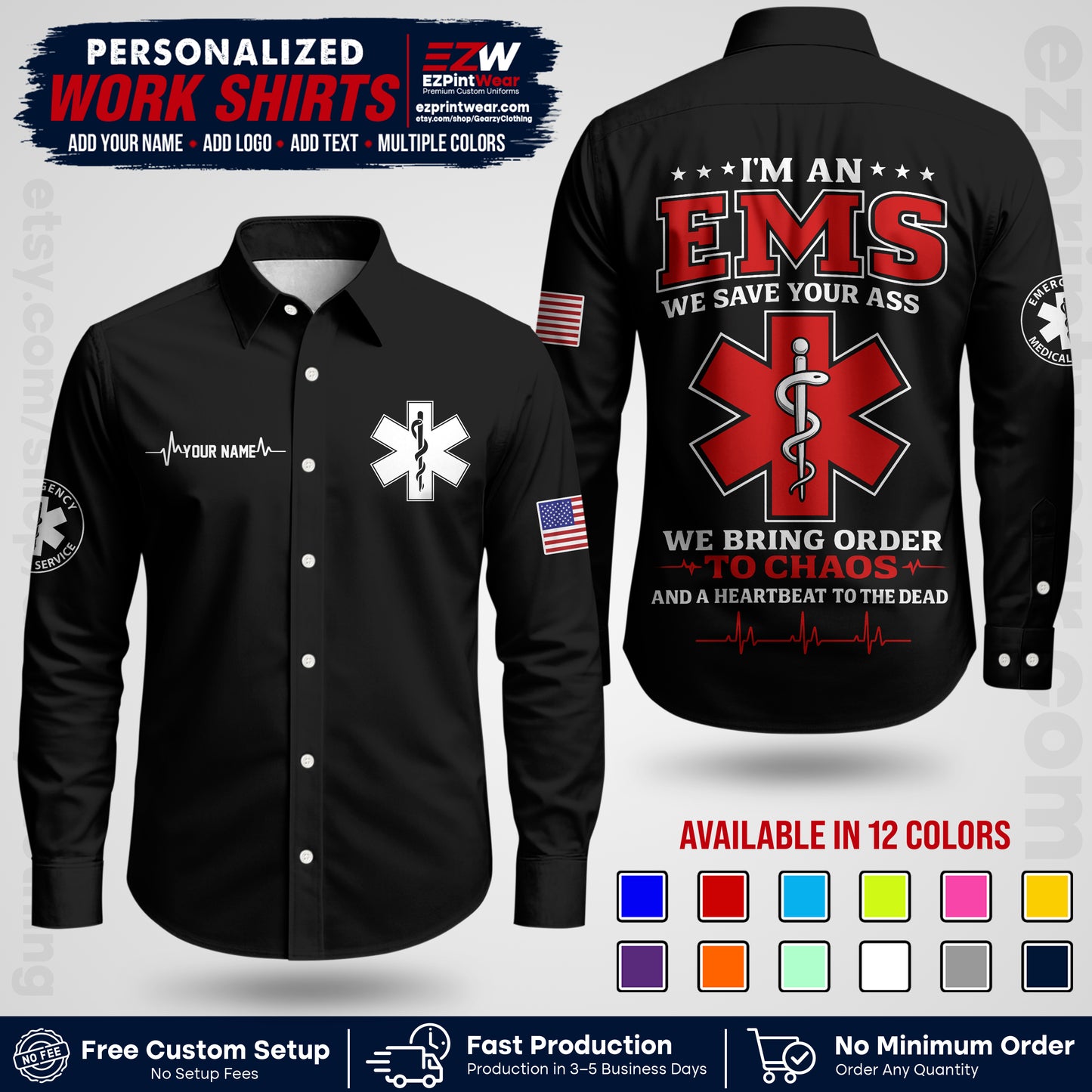 Custom EMS Shirt with Name, Logo & Text | EMS Team Uniform | First Responder Workwear EMSU05
