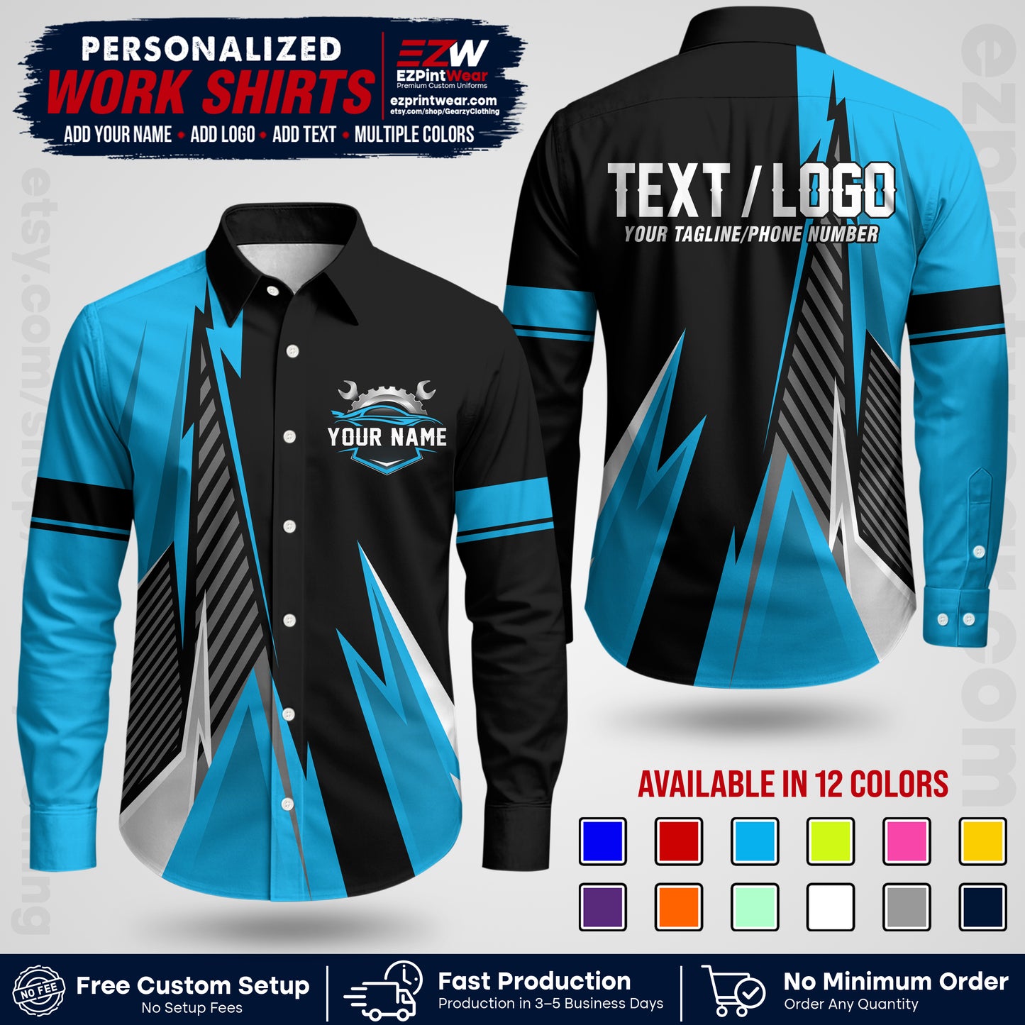 Custom Mechanic Work Shirt with Name, Logo & Text | Auto Shop Uniform | Workwear MCN 01