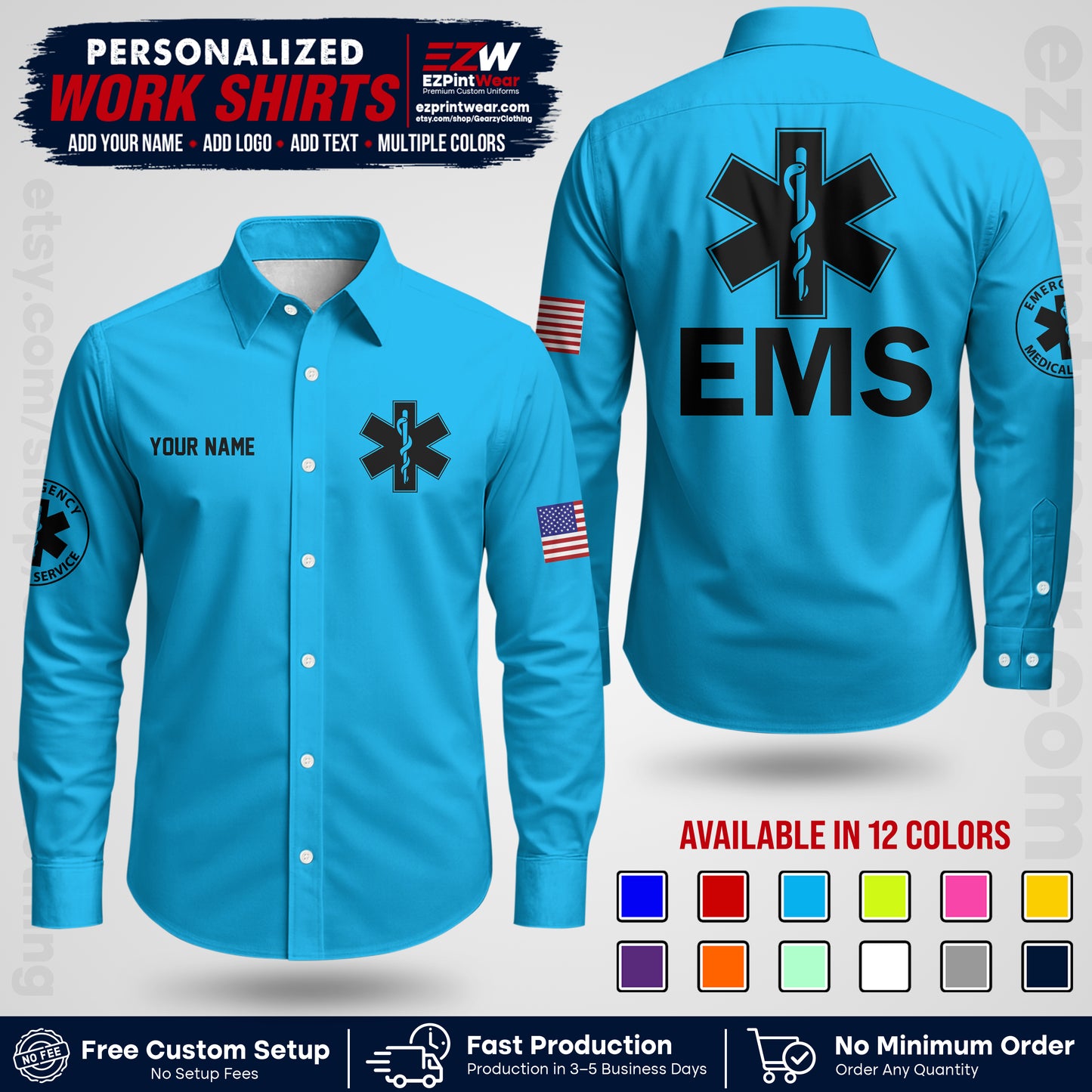 Custom EMS Shirt with Name, Logo & Text | EMS Team Uniform | First Responder Workwear EMSU02