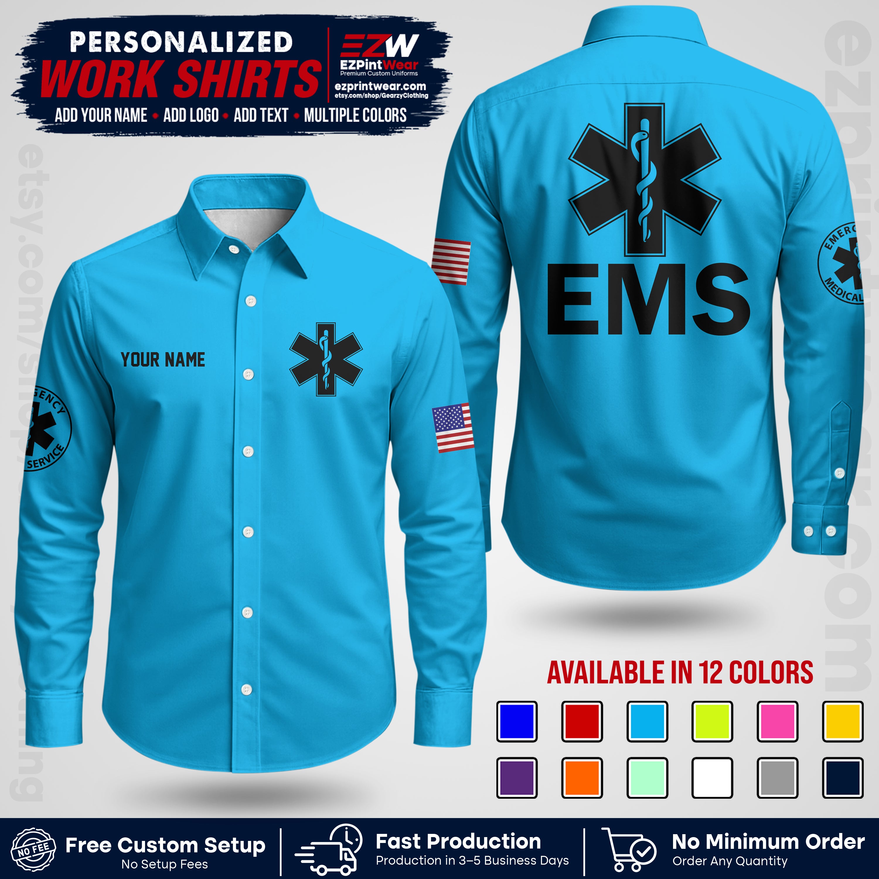 Custom EMS Shirt with Name, Logo & Text | EMS Team Uniform | First Responder Workwear EMSU02