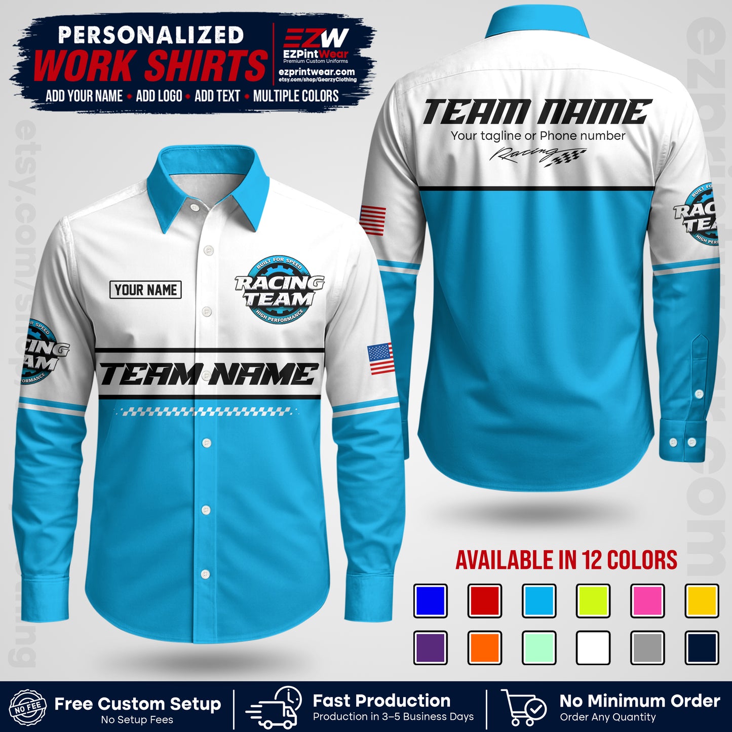Custom Racing Shirt with Name, Logo & Text | Race Team Uniform | Crew Apparel RC12