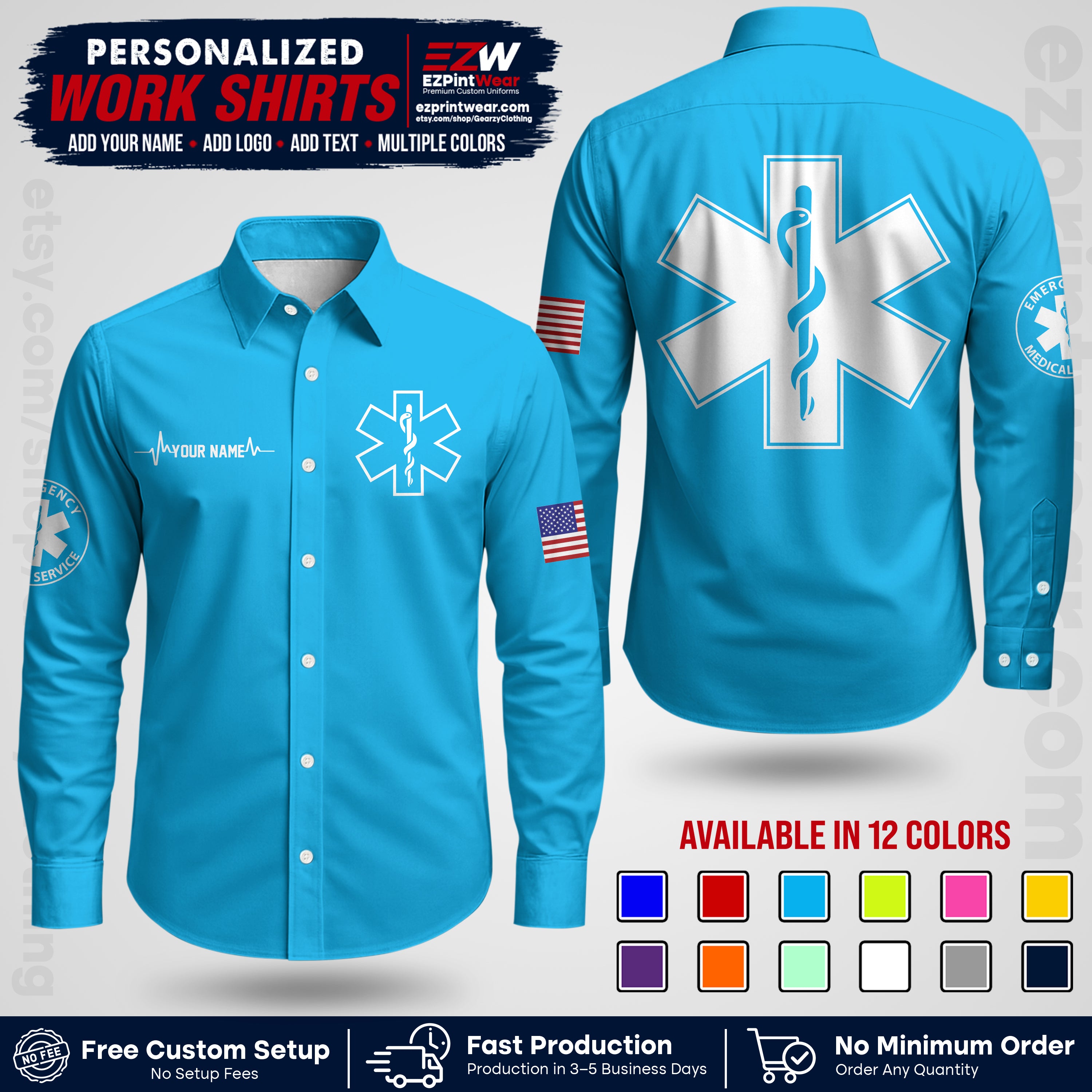 Custom EMS Shirt with Name, Logo & Text | EMS Team Uniform | First Responder Workwear EMSU04