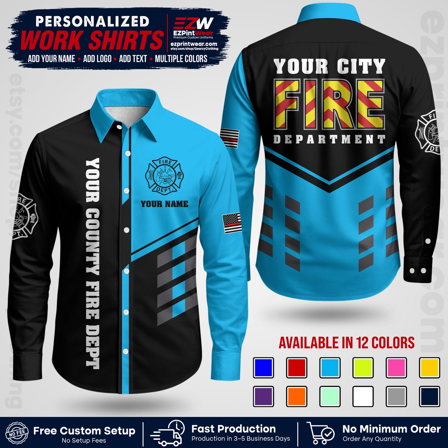 Custom Fire Department Shirt with Name, City Logo & Text | Firefighter Uniform | Button Up Work Shirt FF06