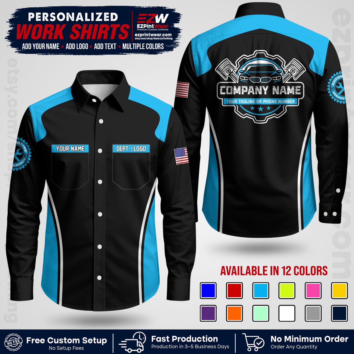 Custom Mechanic Work Shirt with Name, Logo & Text | Auto Shop Uniform | Workwear MCN 10