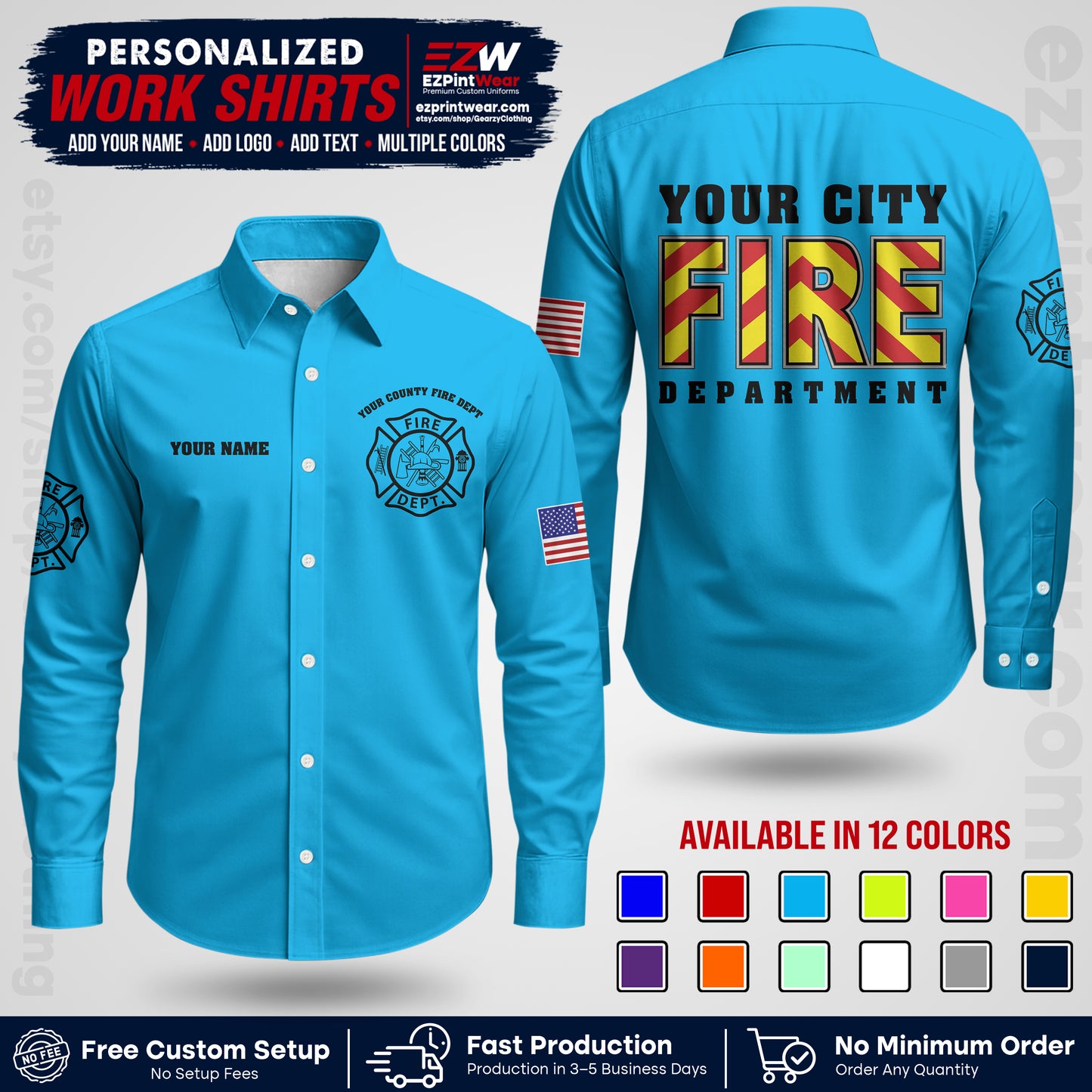 Custom Fire Department Shirt with Name, City Logo & Text | Firefighter Uniform | Button Up Work Shirt FF05