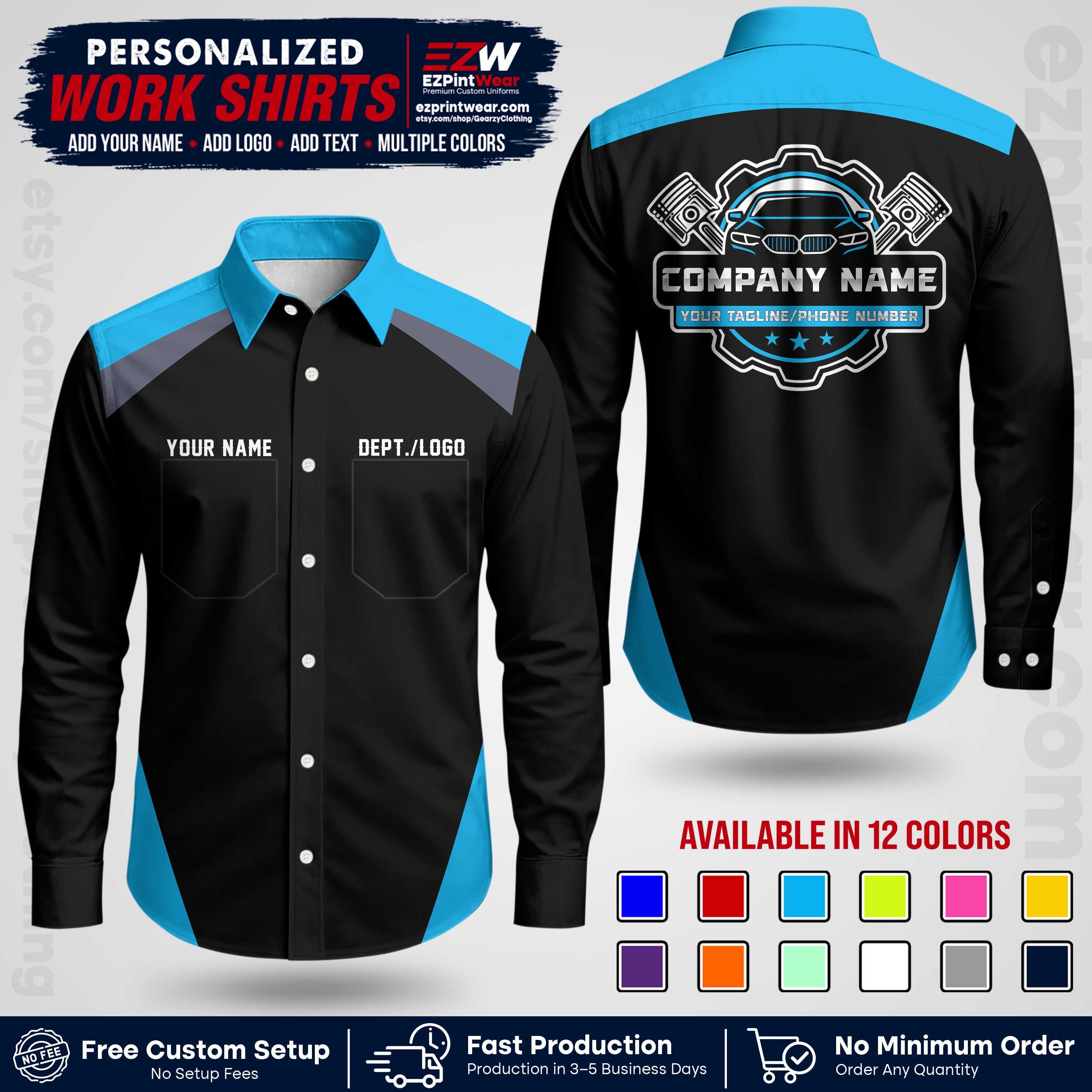Custom Mechanic Work Shirt with Name, Logo & Text | Auto Shop Uniform | Workwear MCN 03
