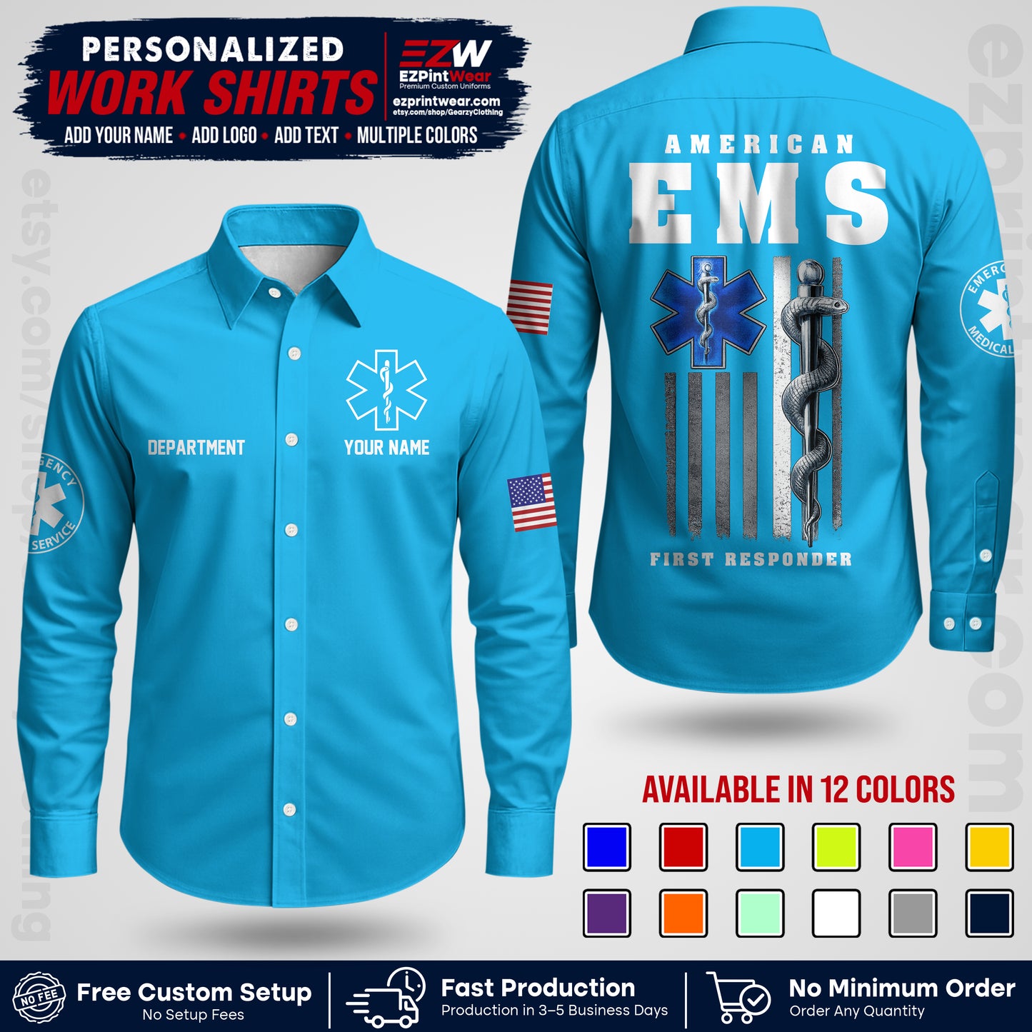 Custom EMS Shirt with Name, Logo & Text | EMS Team Uniform | First Responder Workwear EMSU03