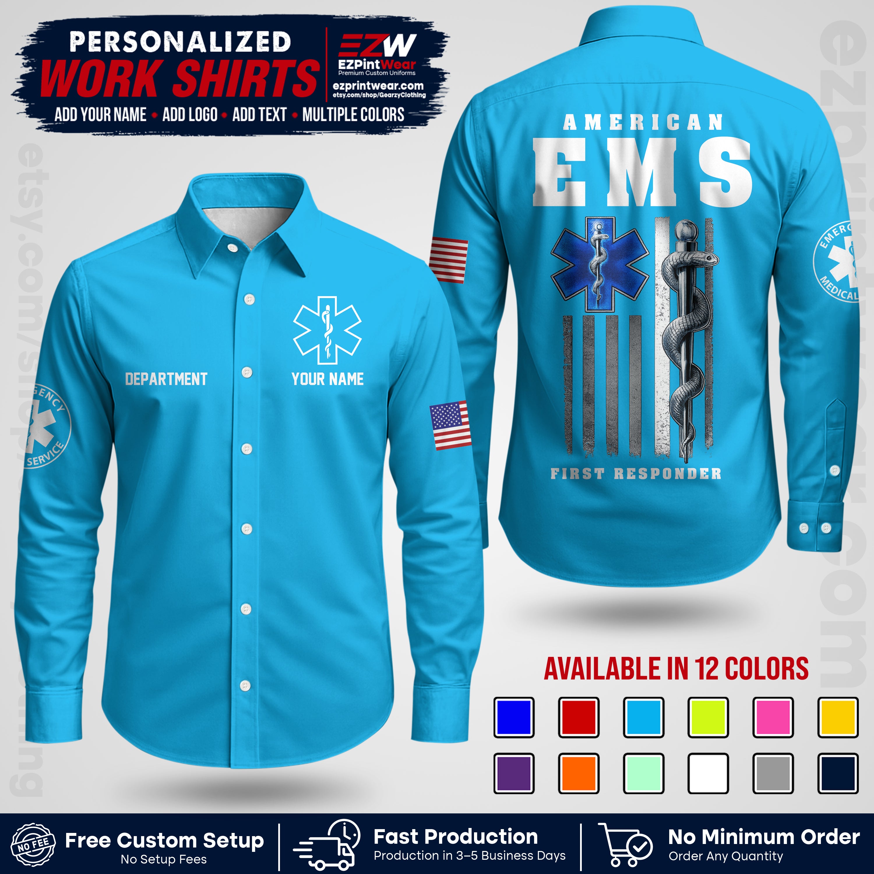 Custom EMS Shirt with Name, Logo & Text | EMS Team Uniform | First Responder Workwear EMSU03