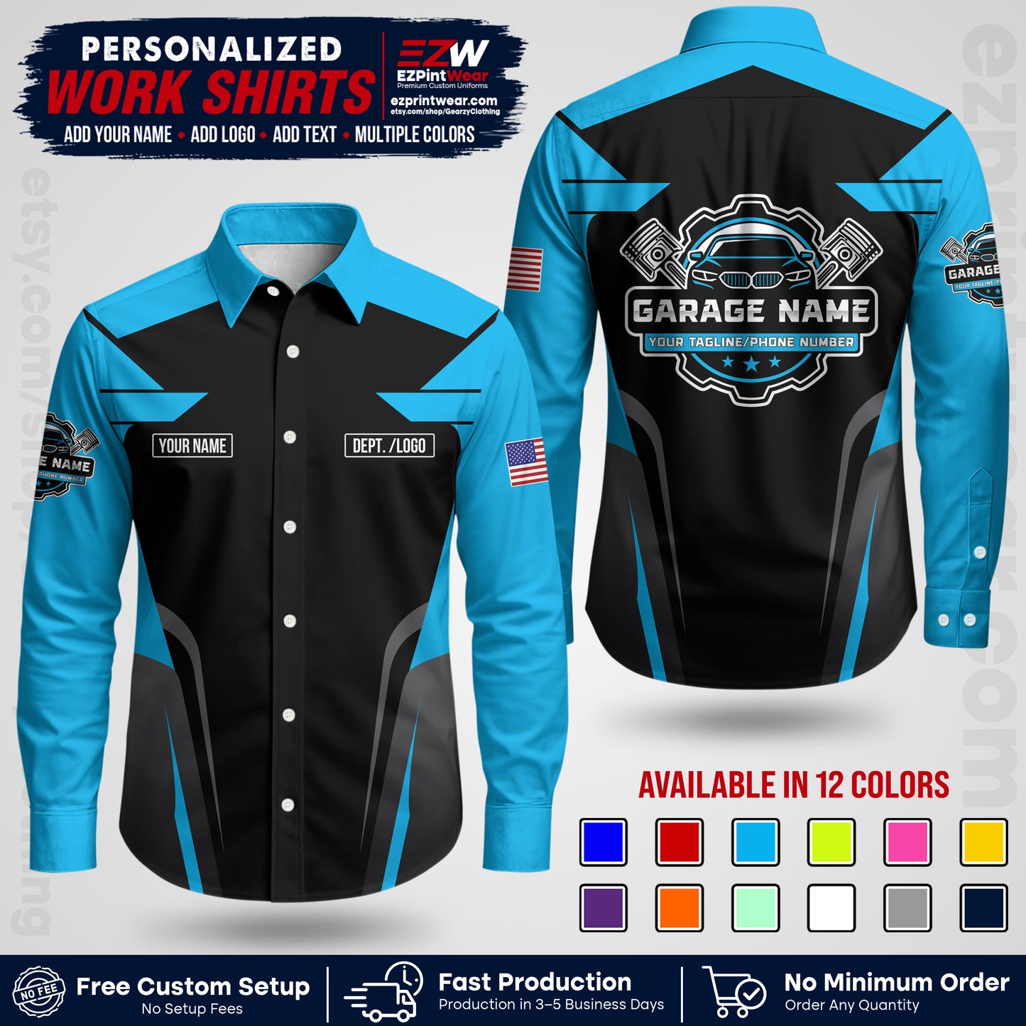 Custom Mechanic Work Shirt with Name, Logo & Text | Auto Shop Uniform | Workwear MCN 04