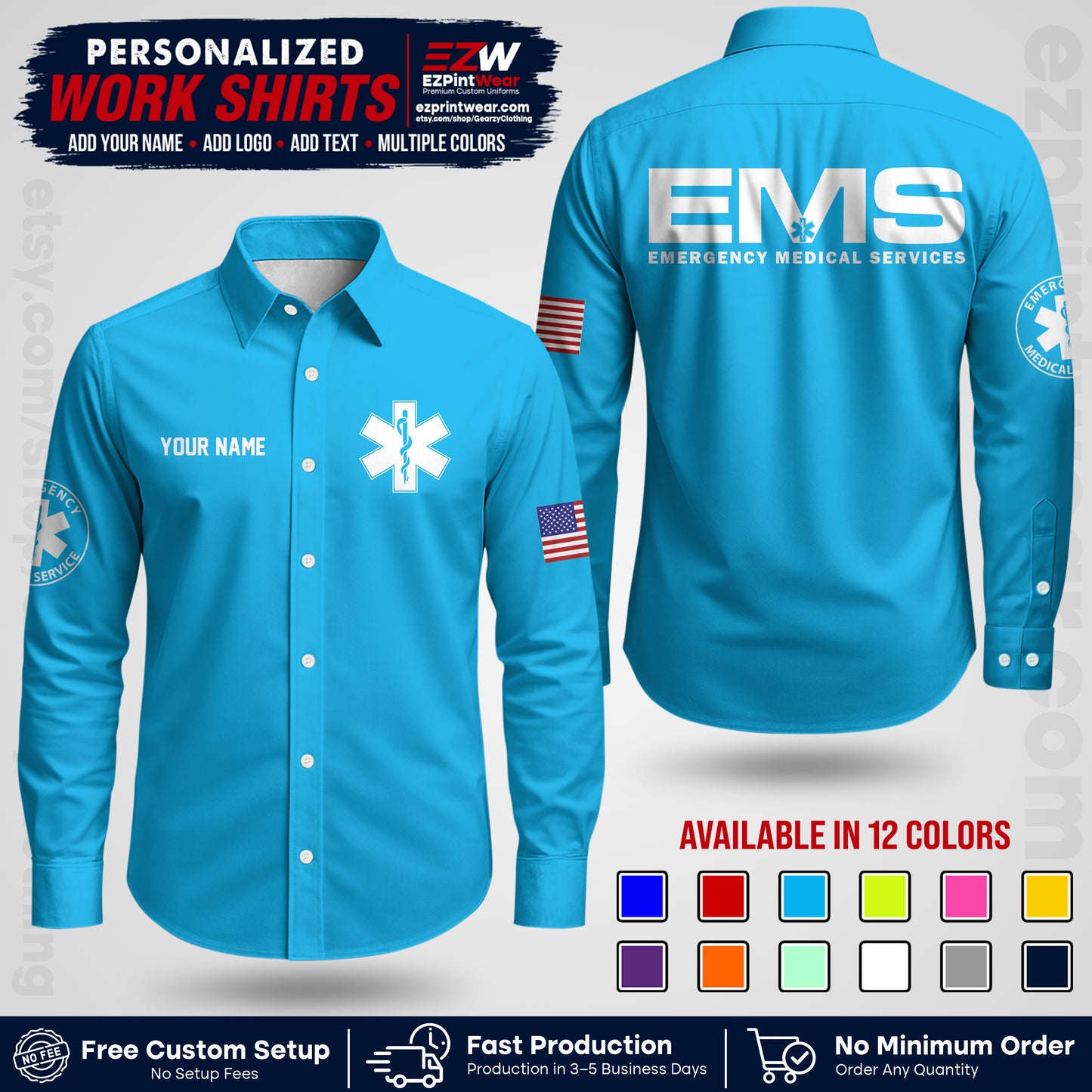 Custom EMS Shirt with Name, Logo & Text | EMS Team Uniform | First Responder Workwear EMSU01