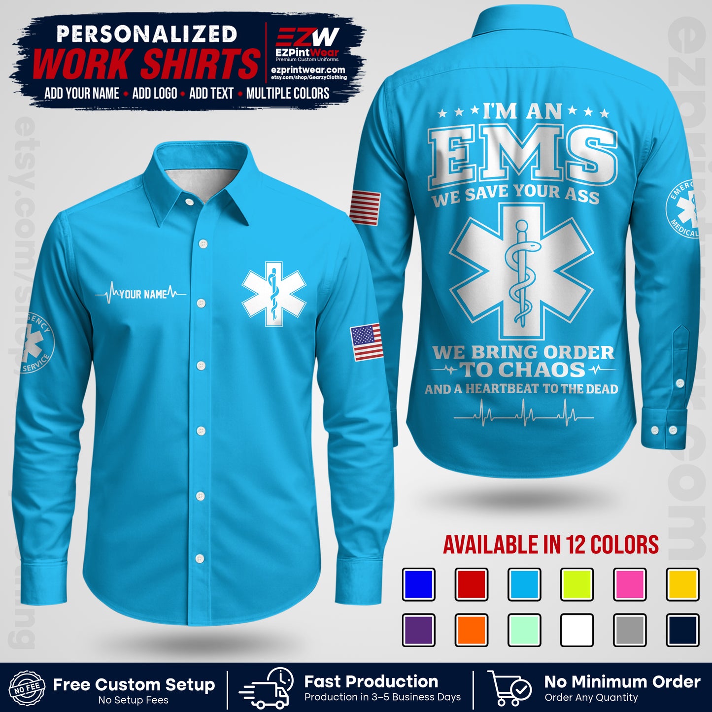 Custom EMS Shirt with Name, Logo & Text | EMS Team Uniform | First Responder Workwear EMSU05