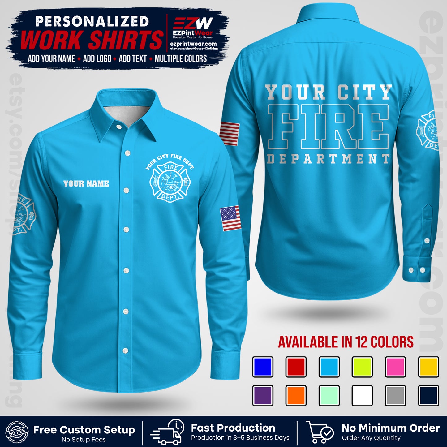 Custom Fire Department Shirt with Name, City Logo & Text | Firefighter Uniform | Button Up Work Shirt FF01