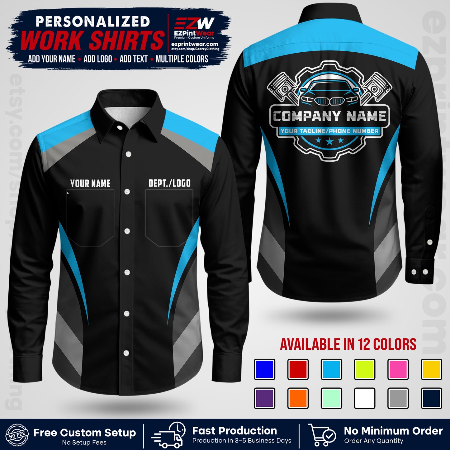 Custom Mechanic Work Shirt with Name, Logo & Text | Auto Shop Uniform | Workwear MCN 05