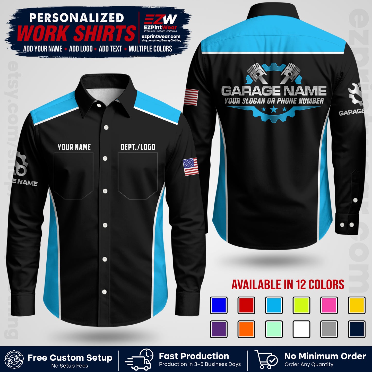 Custom Mechanic Work Shirt with Name, Logo & Text | Auto Shop Uniform | Workwear MCN 07