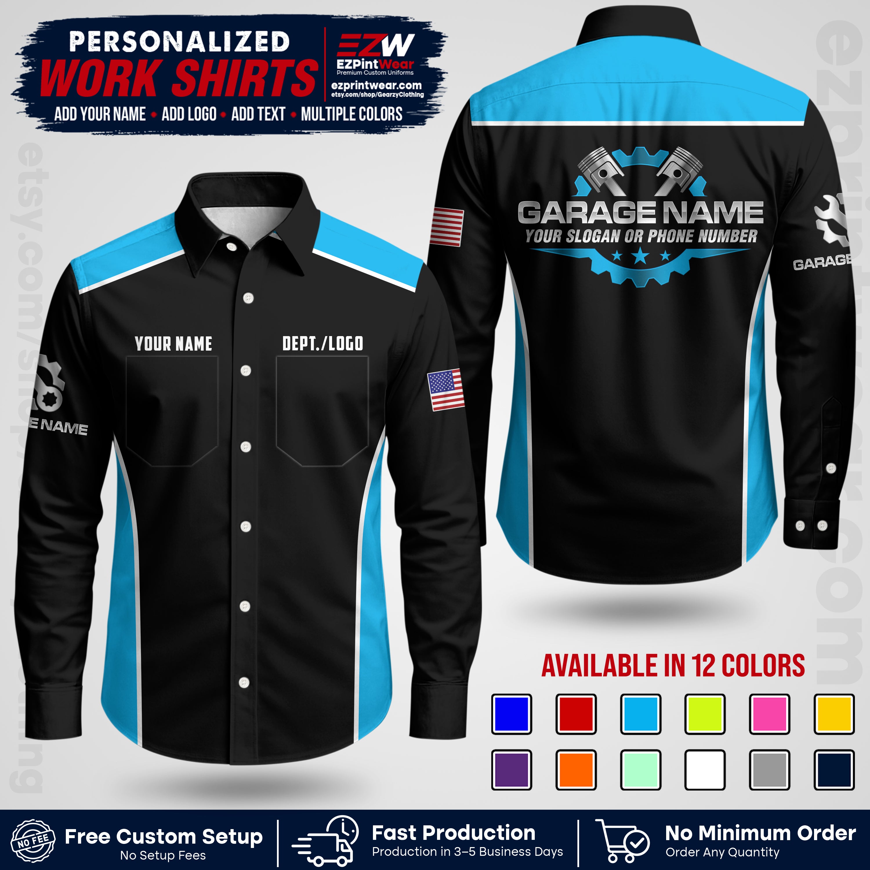 Custom Mechanic Work Shirt with Name, Logo & Text | Auto Shop Uniform | Workwear MCN 07