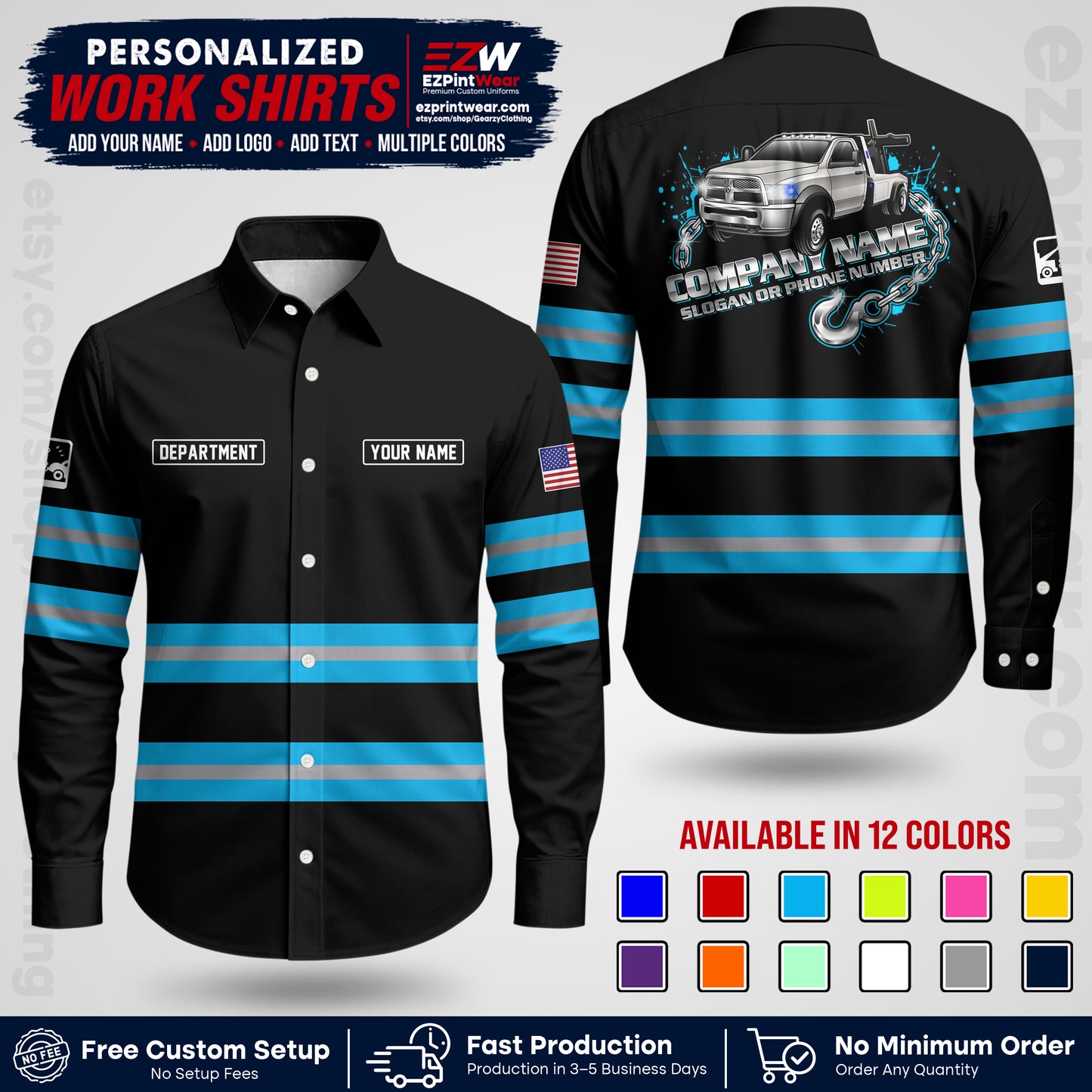 Custom Towing Workwear Uniform | Personalized Tow Truck Shirt | Non-Reflective Safety Stripe Apparel | Custom Towing Shirt | Tow Truck Apparel TW05