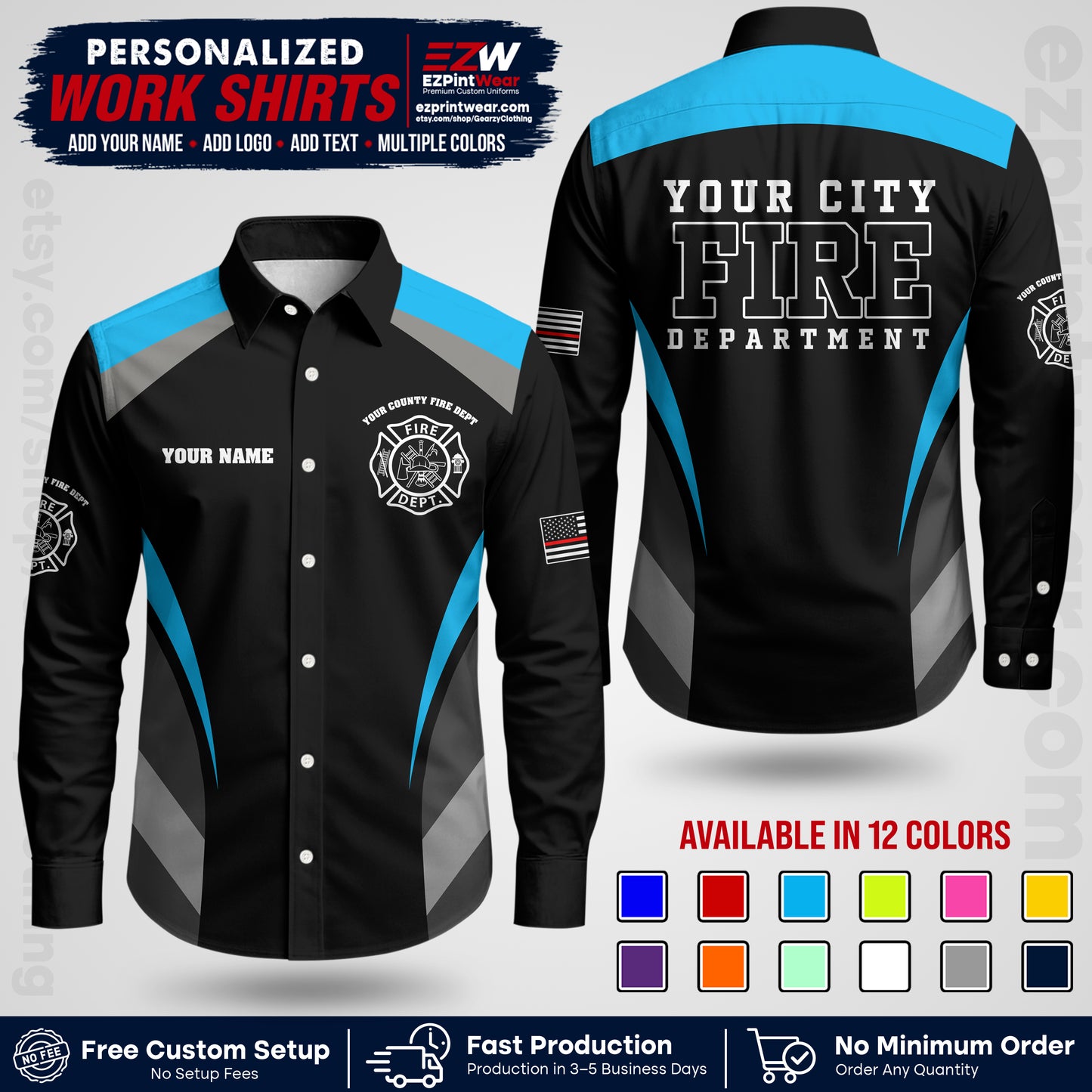 Custom Fire Department Shirt with Name, City Logo & Text | Firefighter Uniform | Button Up Work Shirt FF02