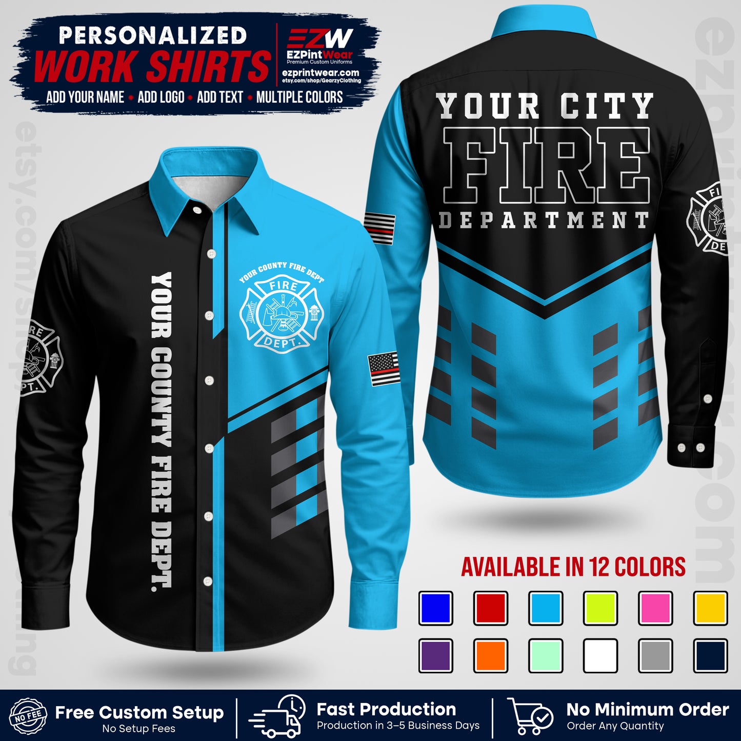 Custom Fire Department Shirt with Name, City Logo & Text | Firefighter Uniform | Button Up Work Shirt FF03