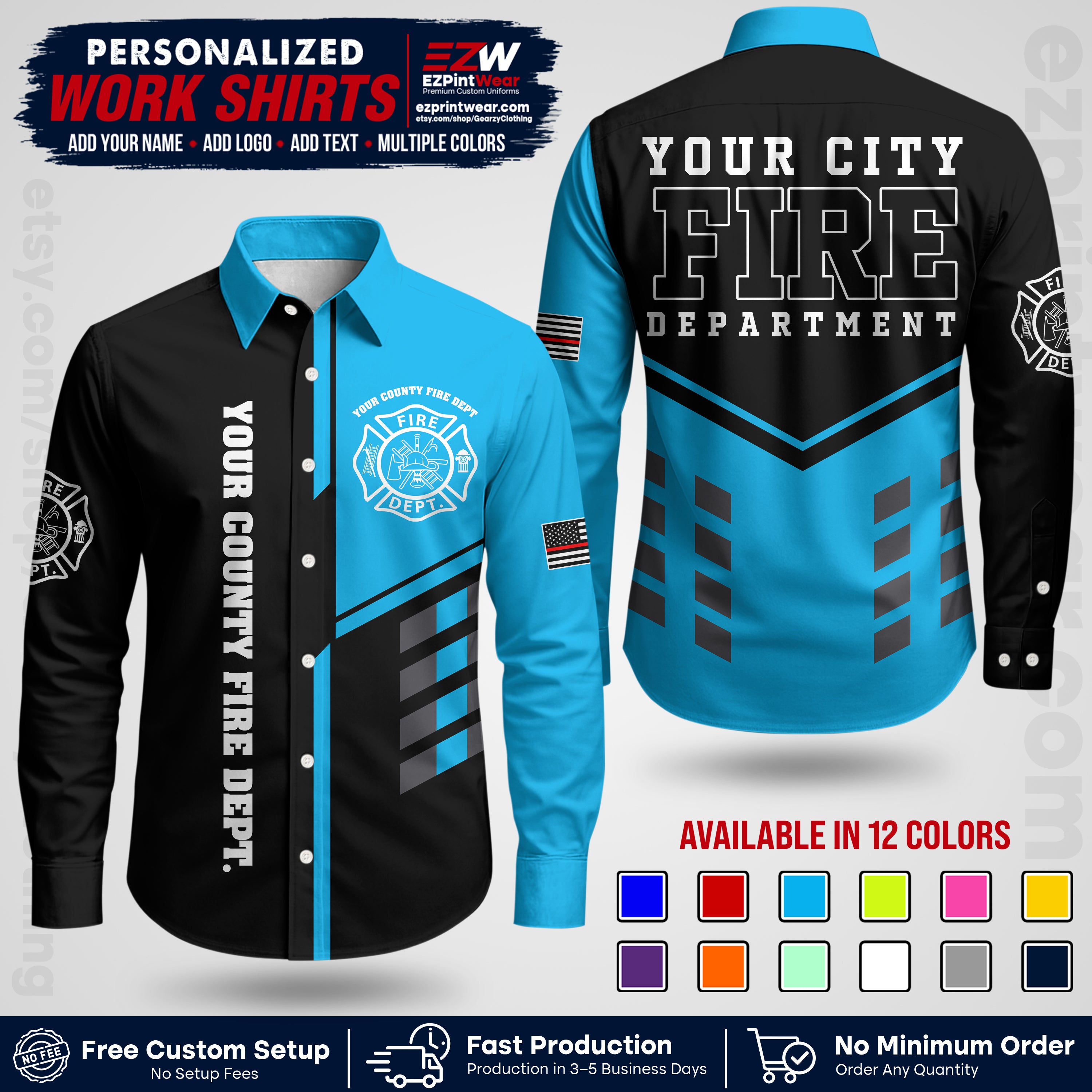 Custom Fire Department Shirt with Name, City Logo & Text | Firefighter Uniform | Button Up Work Shirt FF03