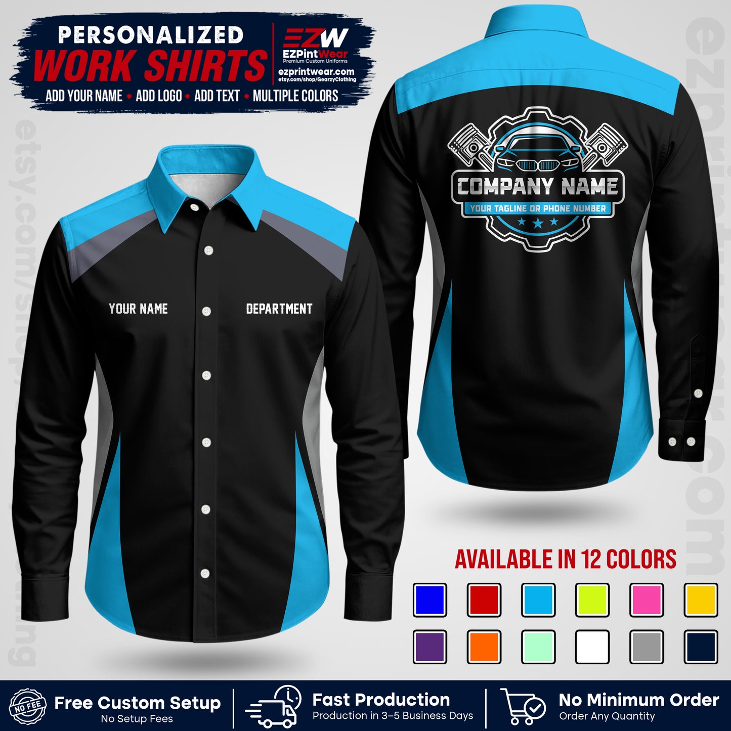 Custom Mechanic Work Shirt with Name, Logo & Text | Auto Shop Uniform | Workwear MCN 08